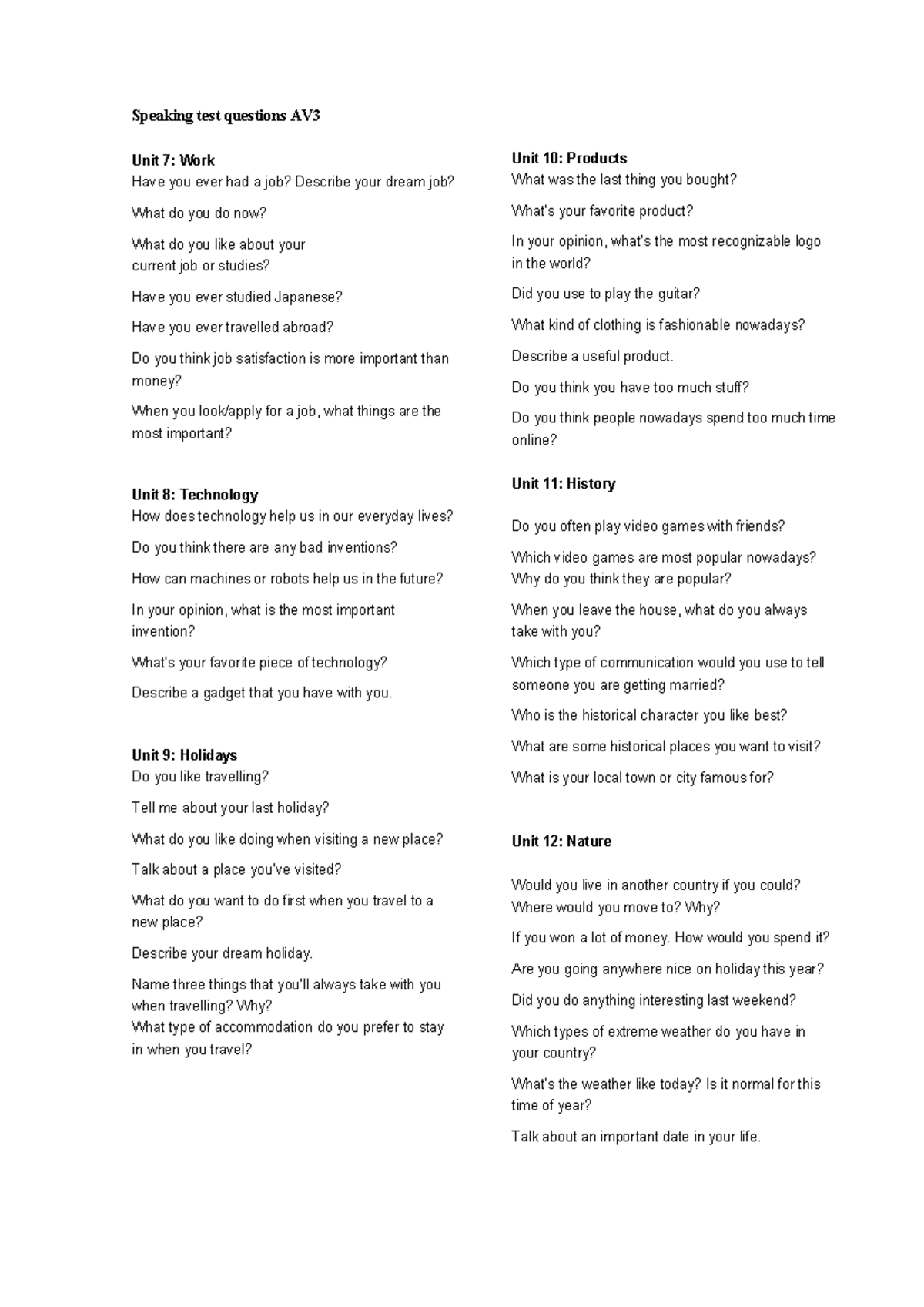 Speaking Test Questions AV3: Units 7-12 Overview - Studocu