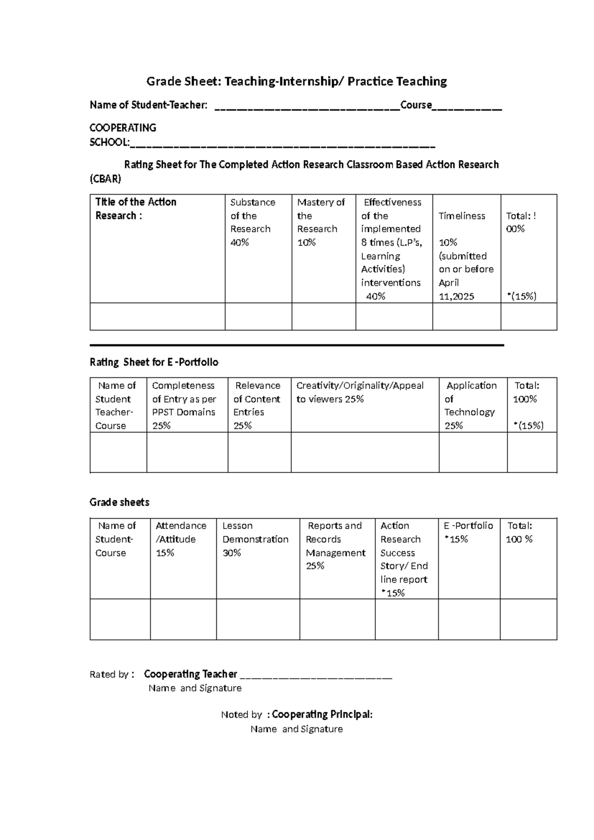 Grade sheet of teacher interns for action research (CBAR) - Studocu