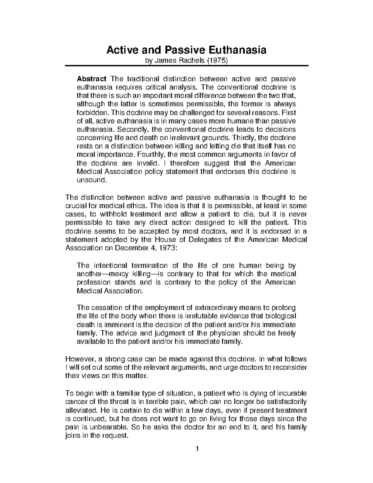Rachels - civil enfinerring desighn - Active and Passive Euthanasia by ...