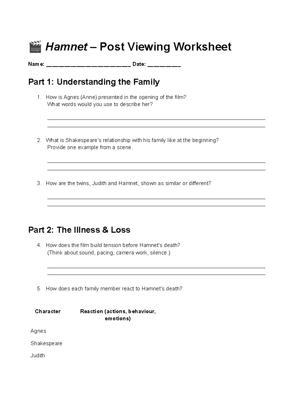 🎬 Hamnet (Film) – Post Viewing Worksheet Analysis - Studocu