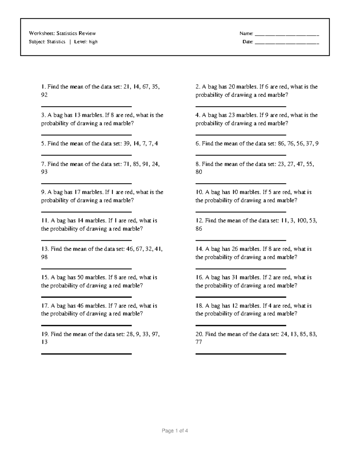 Statistics 10: Worksheet on Mean & Probability Review - Studocu