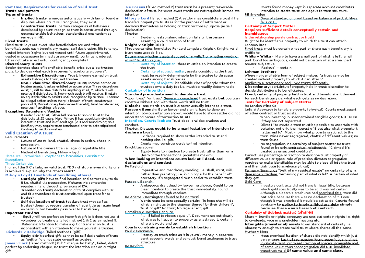 Trust Law Study Notes for Exam: Key Concepts and Cases - Studocu