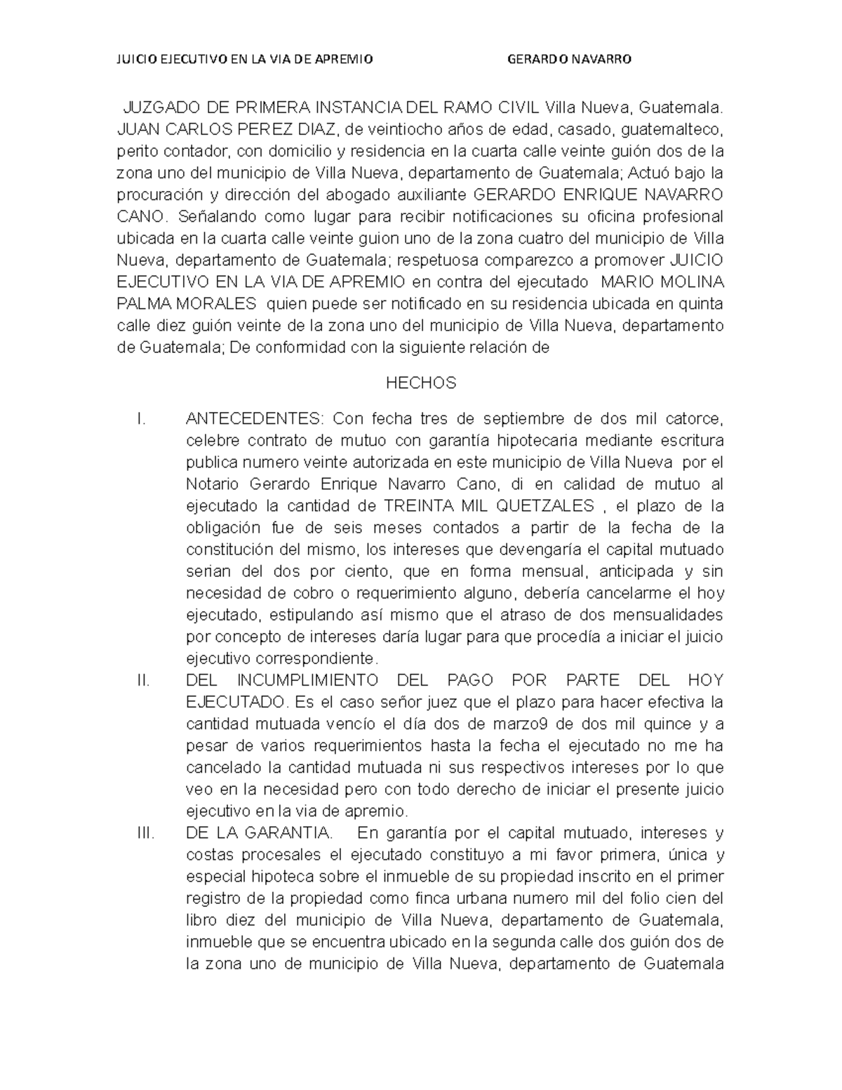 Memorial de Juicio Ejecutivo en Via de Apremio - Caso Mario Molina - Document Preview