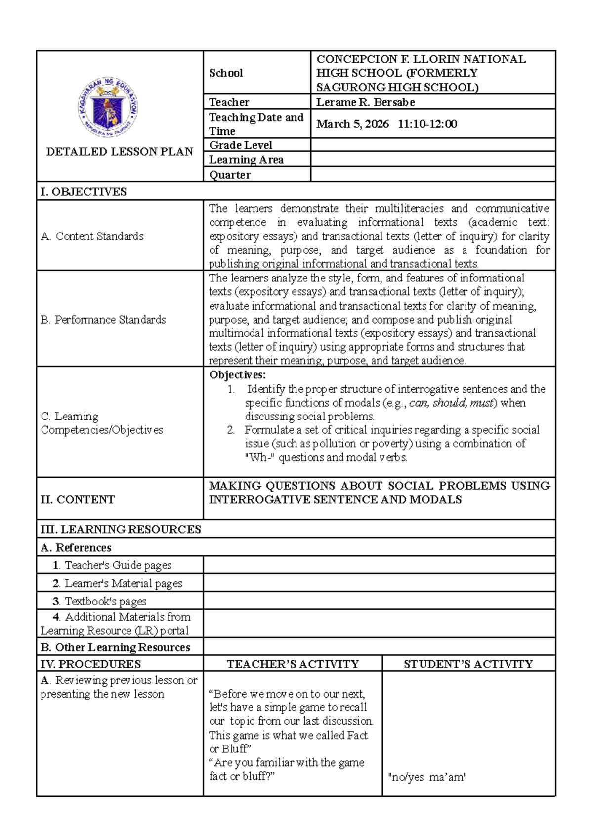 Detailed Lesson Plan: Interrogative Sentences & Modals (Grade Level ...