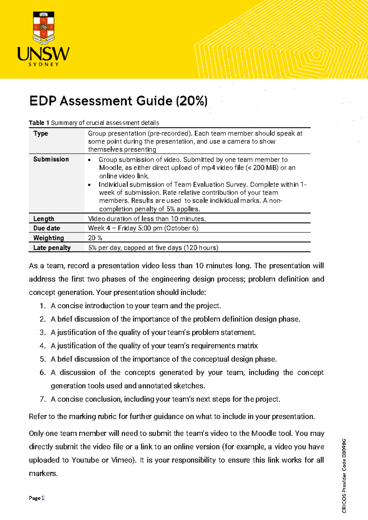 DESN1000 23T3 - EDP Assessment Guide - Table 1 Summary of crucial ...