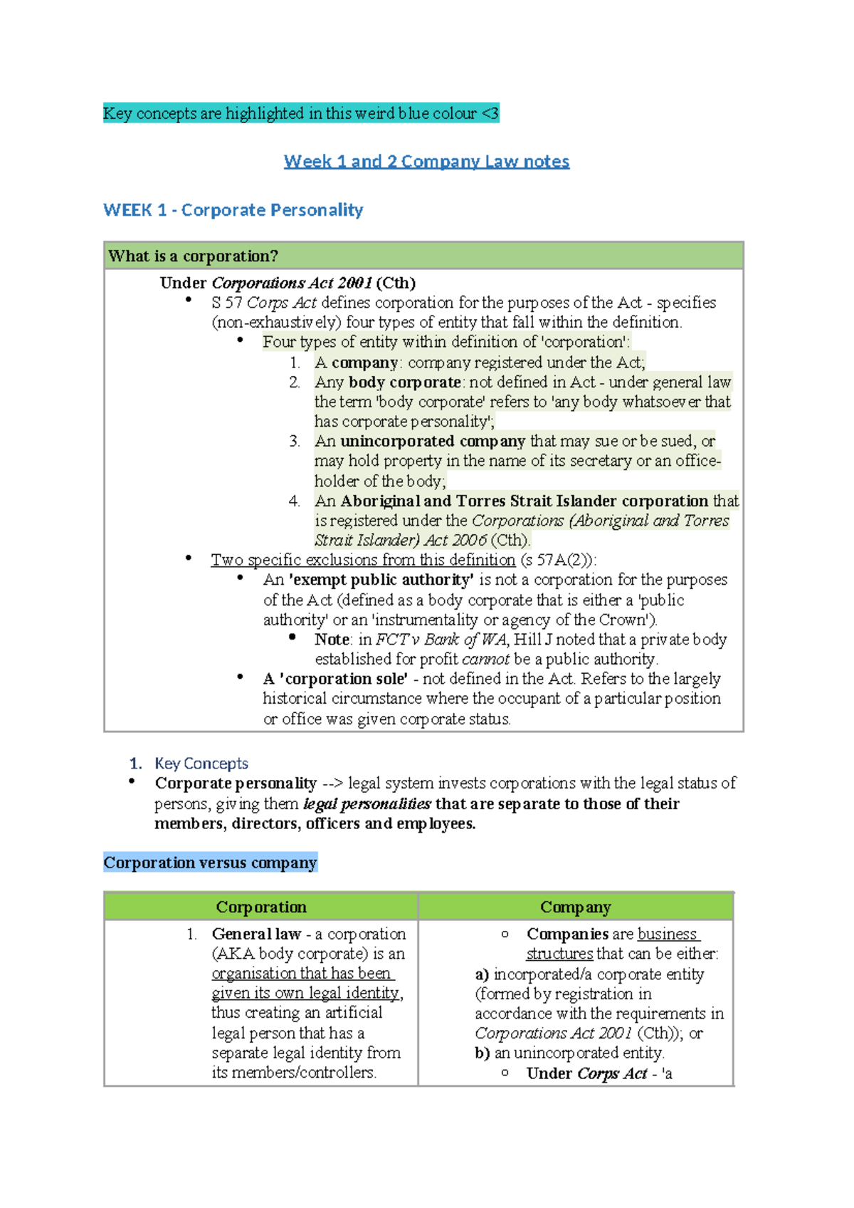 Company Law Notes: Week 1 & 2 Overview (LAW101) - Studocu
