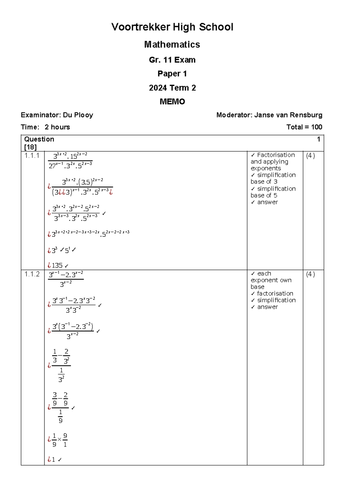 Gr. 11 term 2 2024 Exam Paper 1 Memo - Voortrekker High School ...