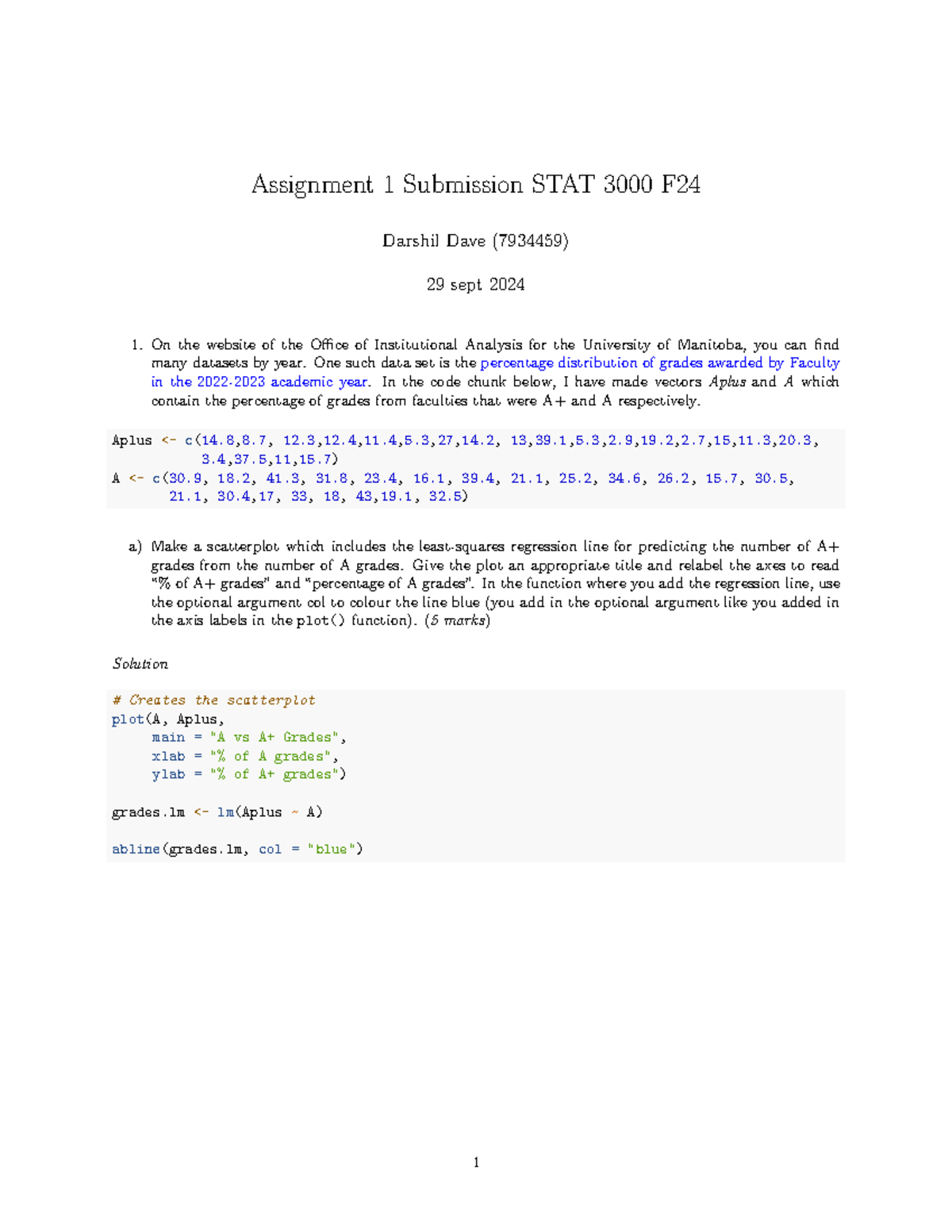 Assignment 1 Submission for STAT 3000 F - Data Analysis & Regression ...