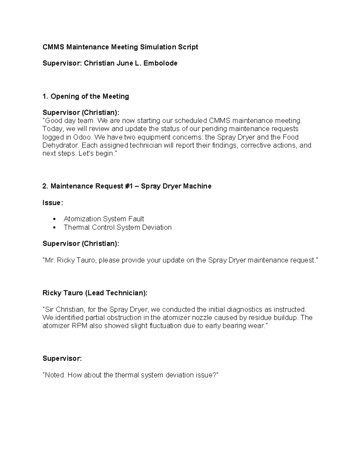 CMMS Maintenance Meeting Simulation Script - Supervisor Christian - Studocu