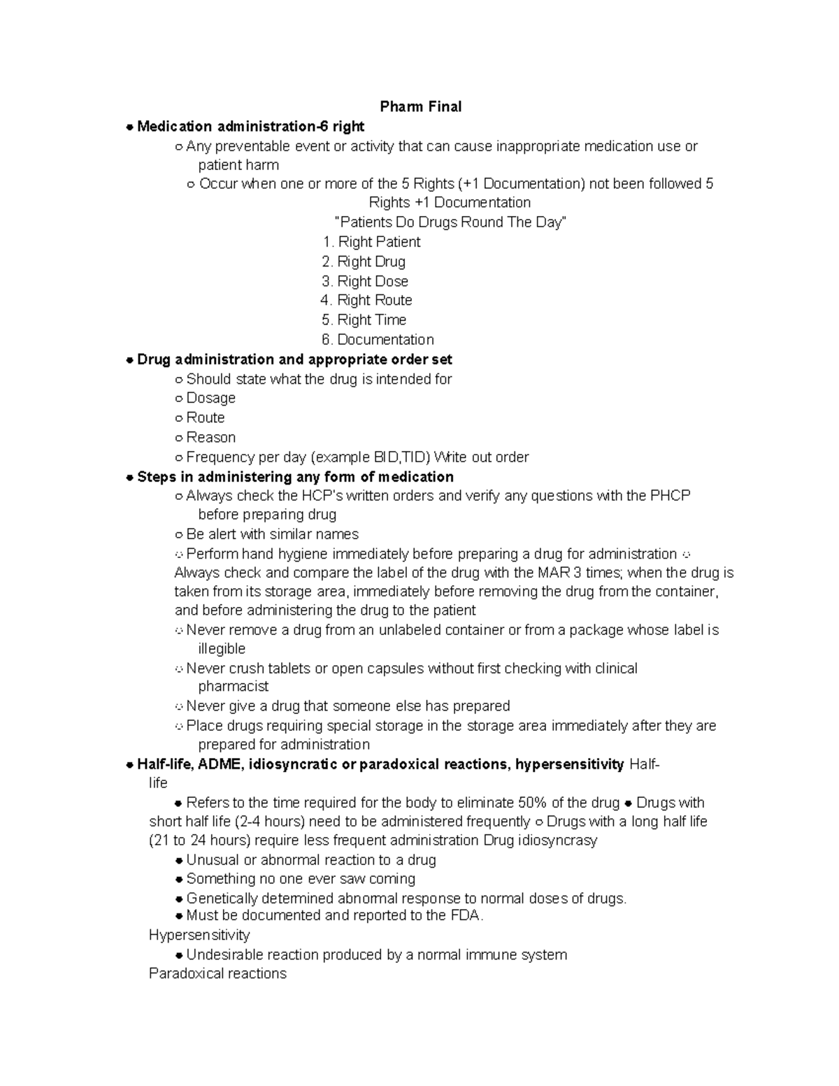 Pharm 101 Final exam notes on medication administration and safety ...