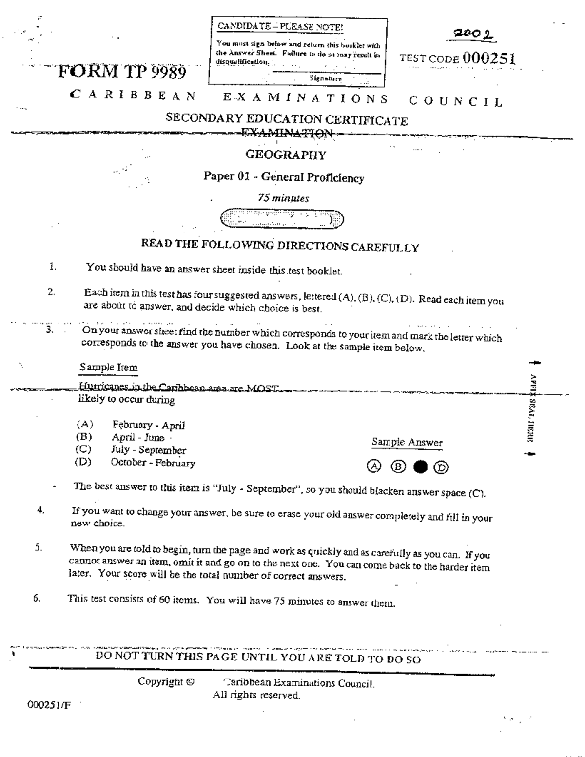 CSEC Geography Exam June 2002 Paper 01 Instructions and Guidelines ...