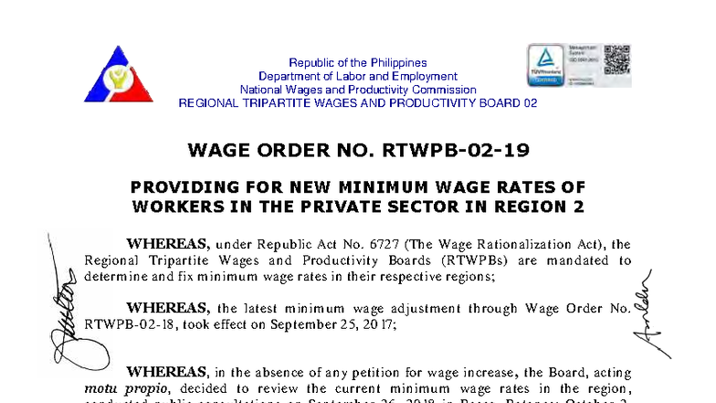 Wage Order No. 19: New Minimum Wage Rates for Region 02 - Studocu