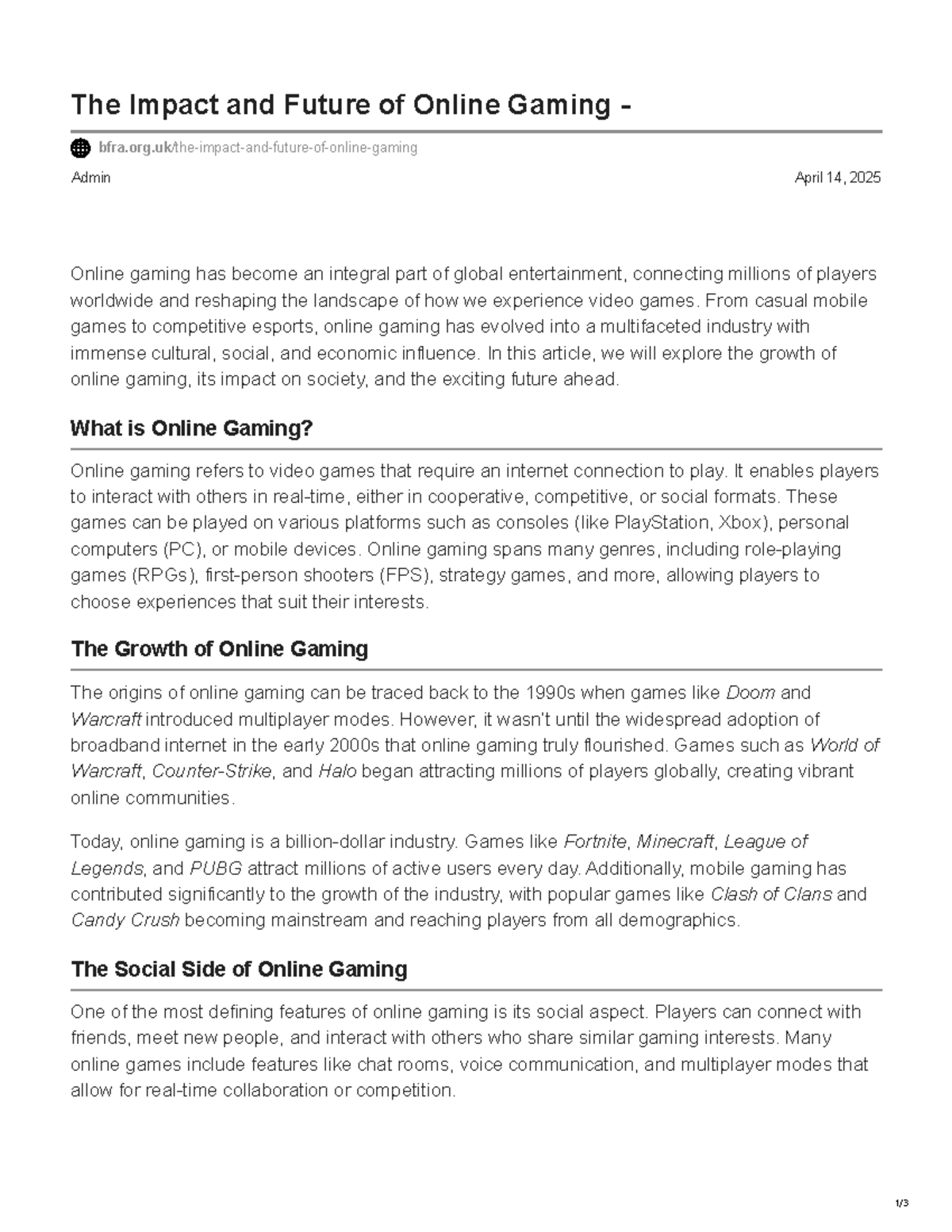 The Impact and Future of Online Gaming: Insights and Trends - Studocu
