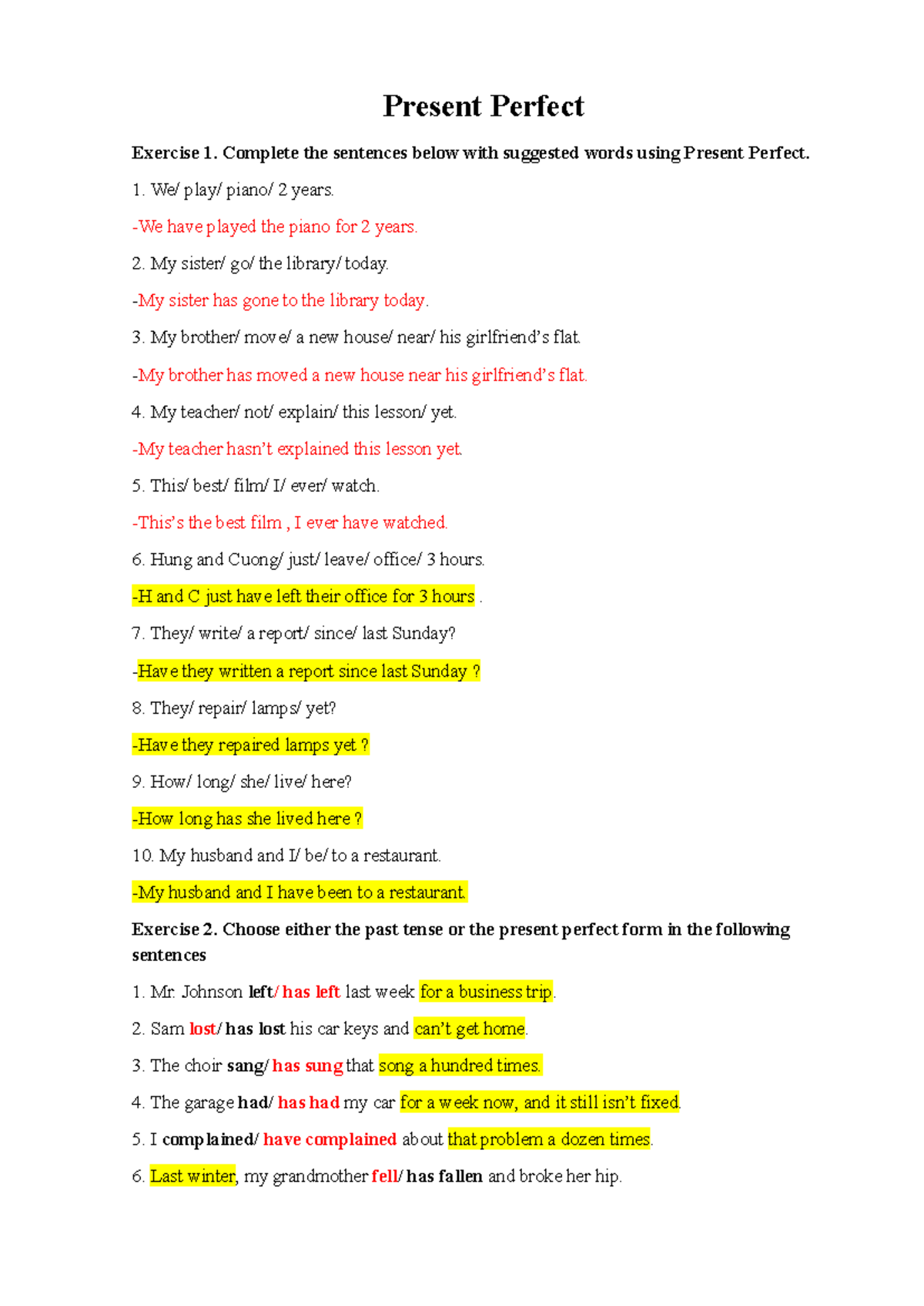 Present Perfect Exercises - Practice and Application - Studocu