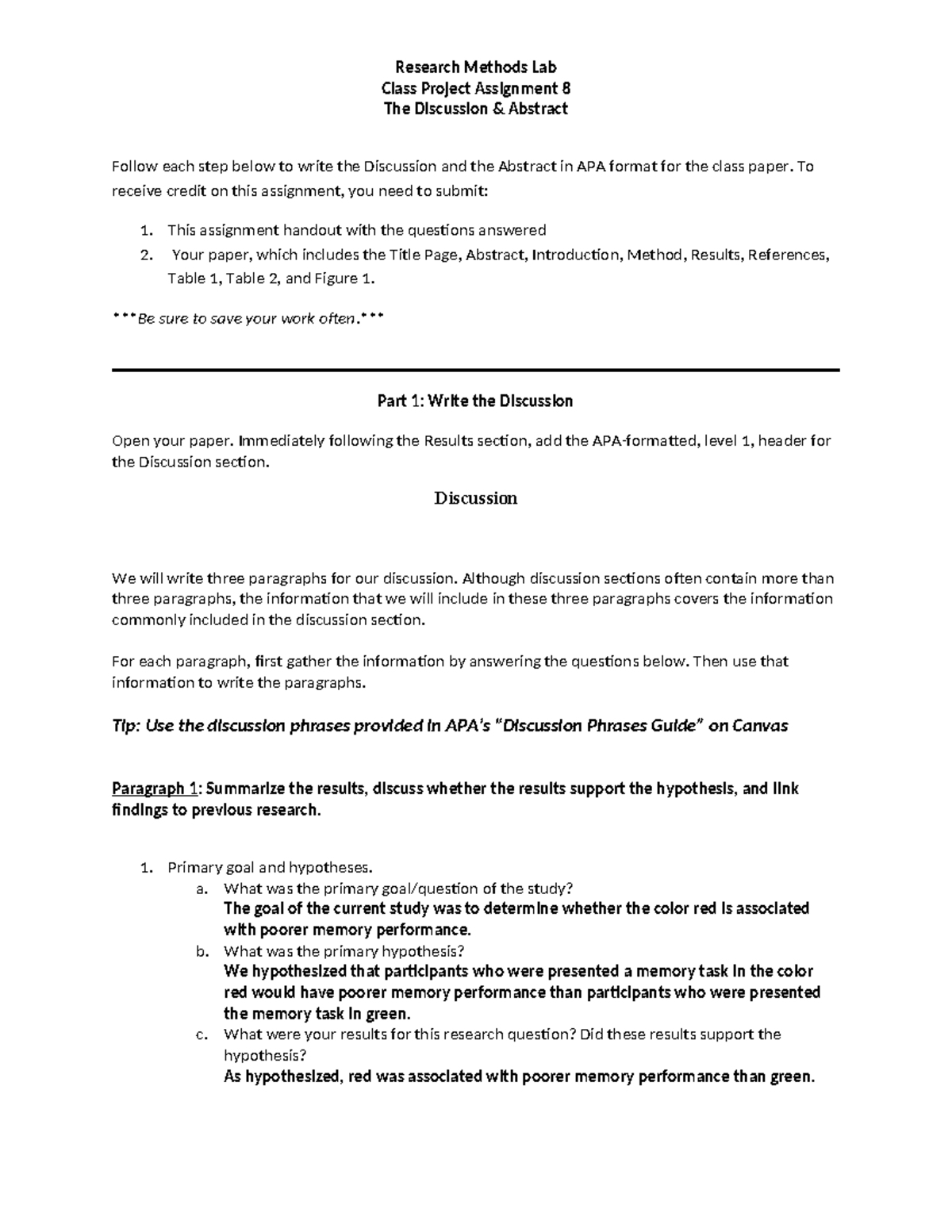 Class Project 8: Discussion & Abstract Guidelines for Research Methods ...