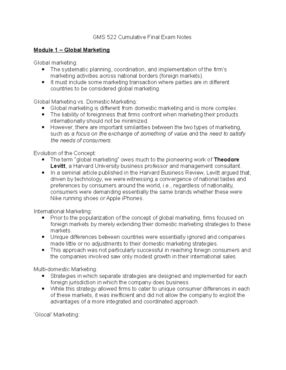 GMS 522 Cumulative Final Exam Study Notes on Global Marketing - Document Preview