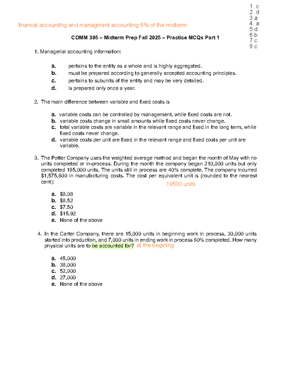 COMM 305 Midterm Exam Prep: Financial & Management Accounting MCQs Part ...