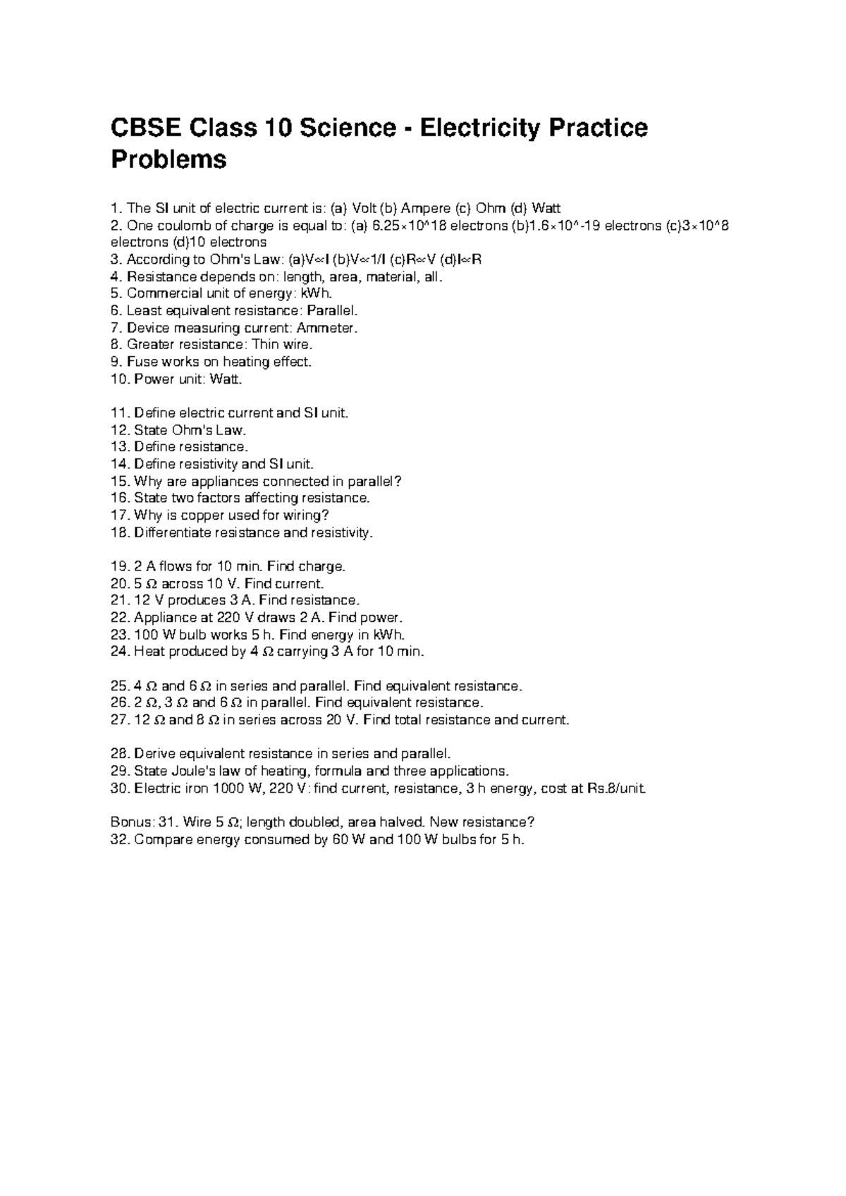 CBSE Class 10 Science Electricity Practice Problems and Solutions - Studocu