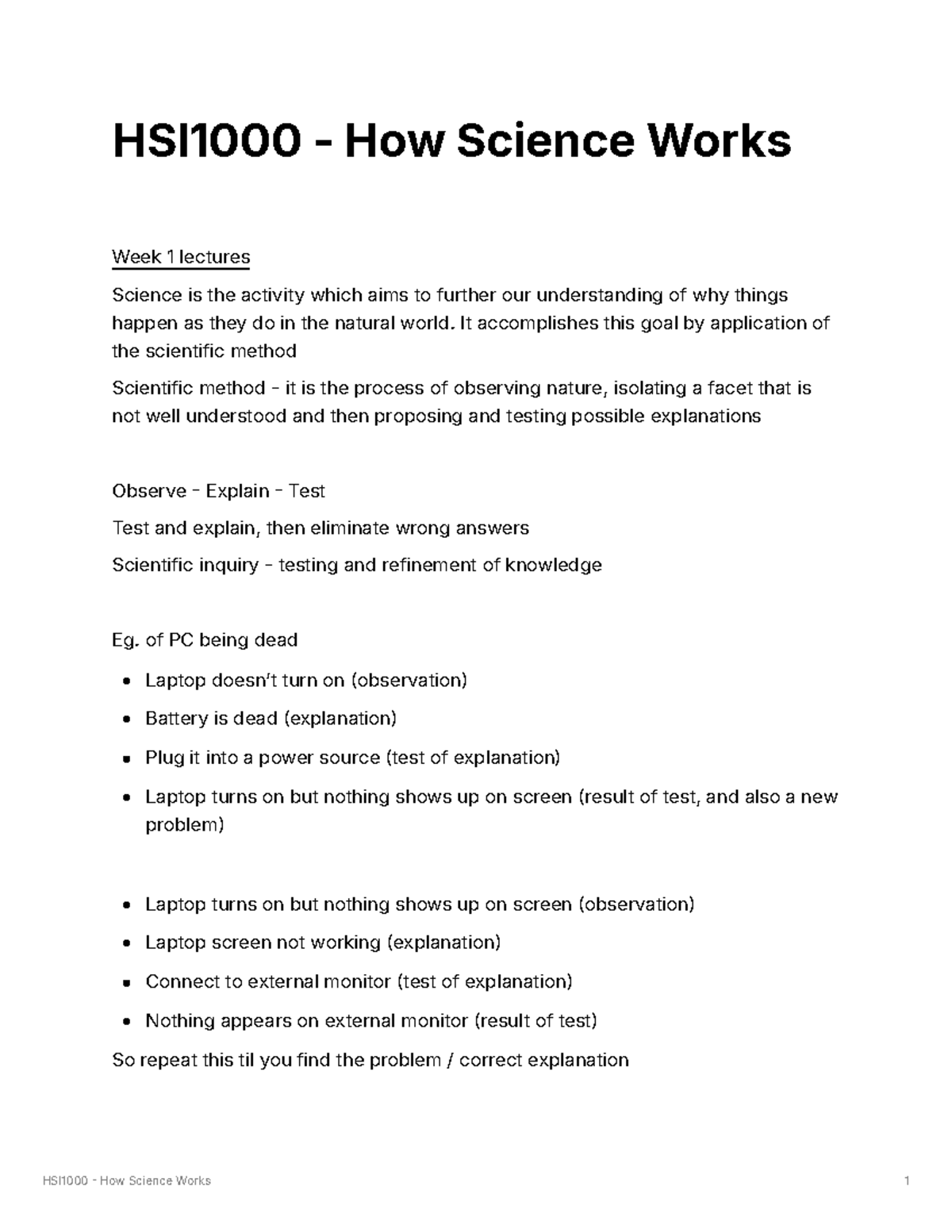 Lecture 1 to 6 (HSI) - HSI1000 - How Science Works Week 1 lectures ...