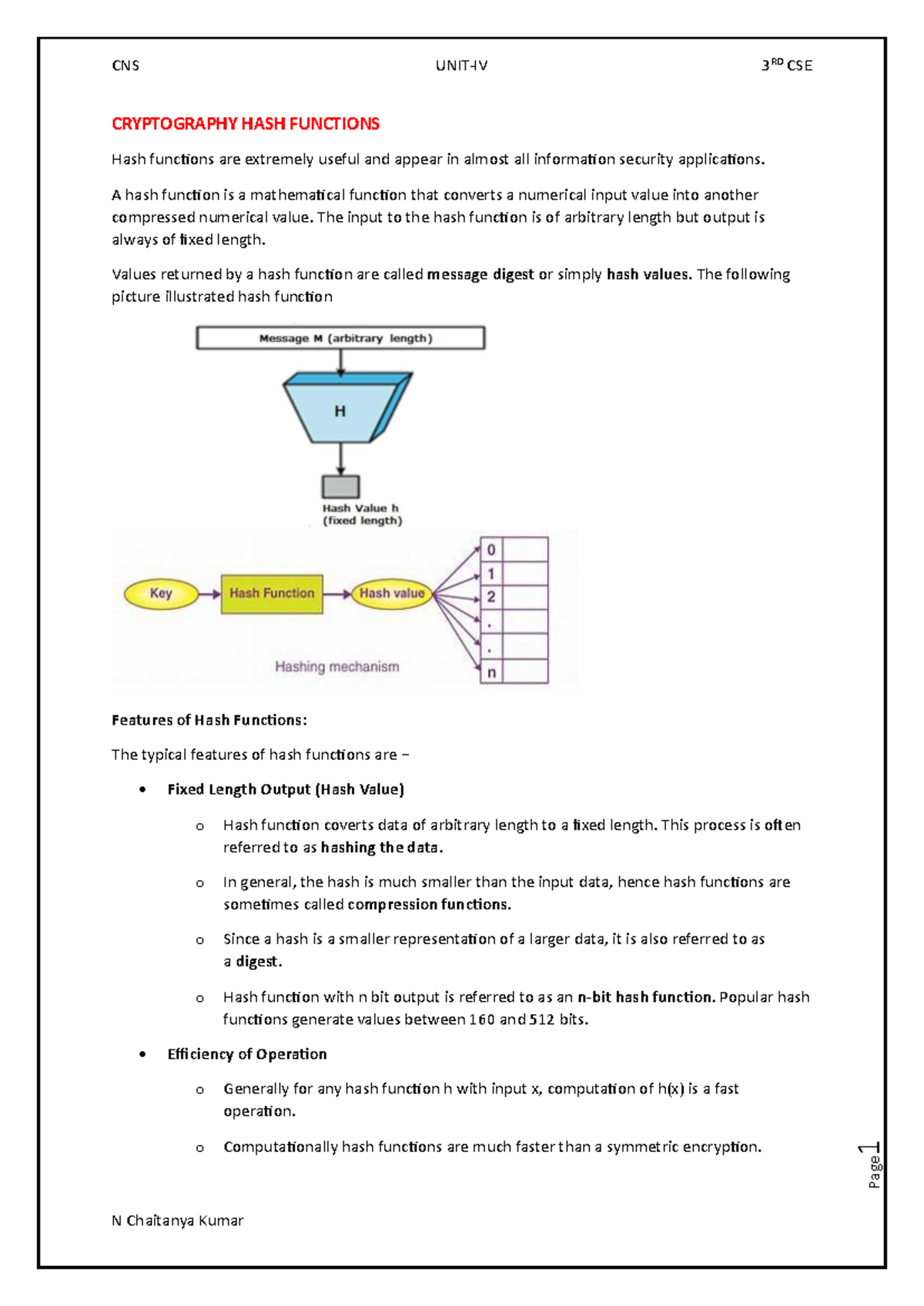 UNIT 4 CNS CSE - Essential Notes on Cryptography Hash Functions - Studocu