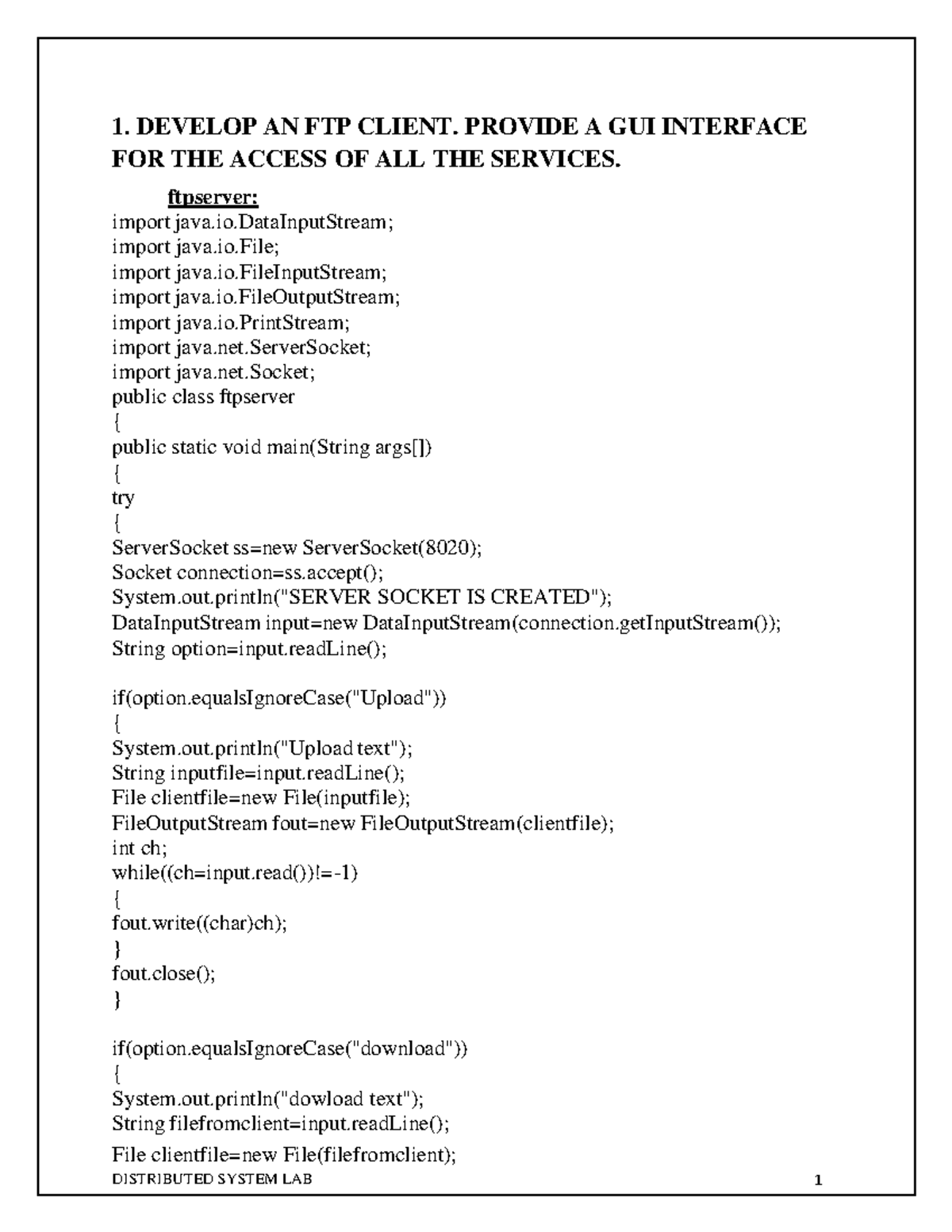 DS Lab Record 1 - wrefscdfvgrqefr - 1. DEVELOP AN FTP CLIENT. PROVIDE A ...