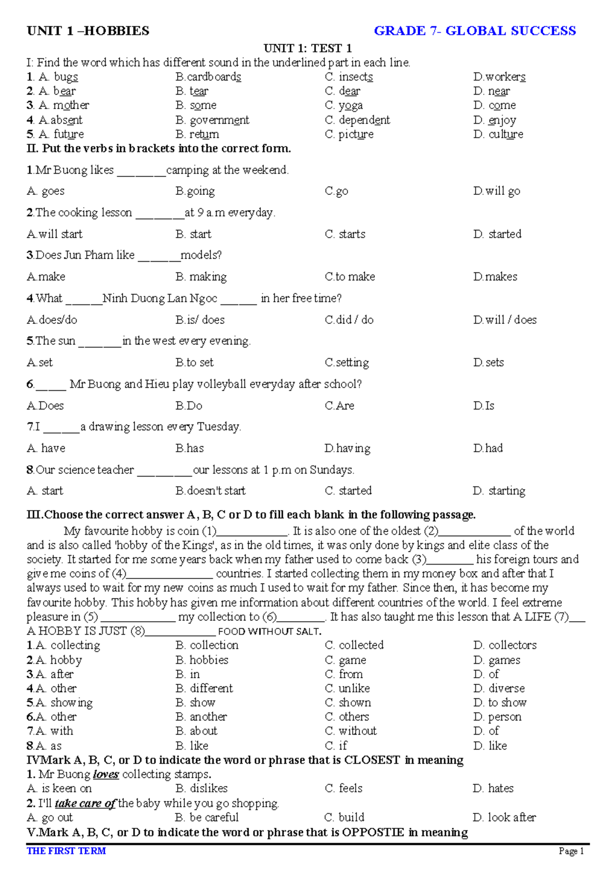 UNIT 1 GRADE GLOBAL SUCCESS: TEST 1 & EXERCISES - Studocu