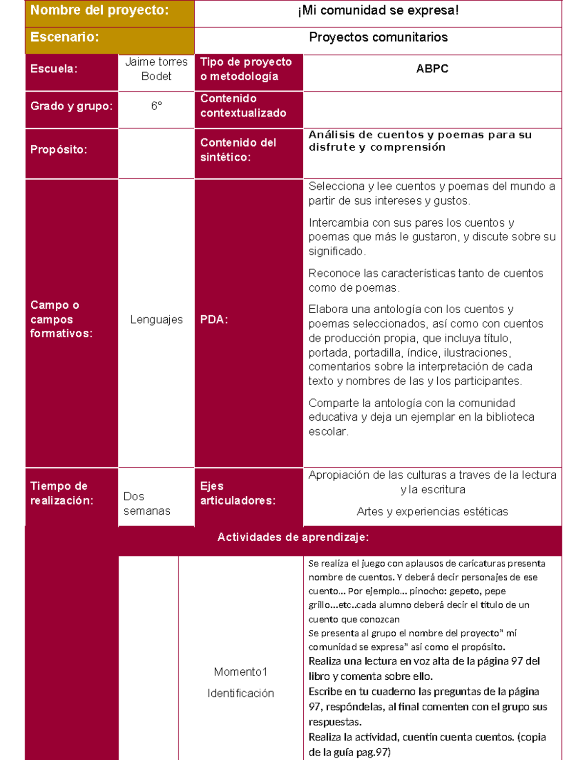 Planeación Proyectos Comunitarios - Lenguajes 6° Octubre - Studocu