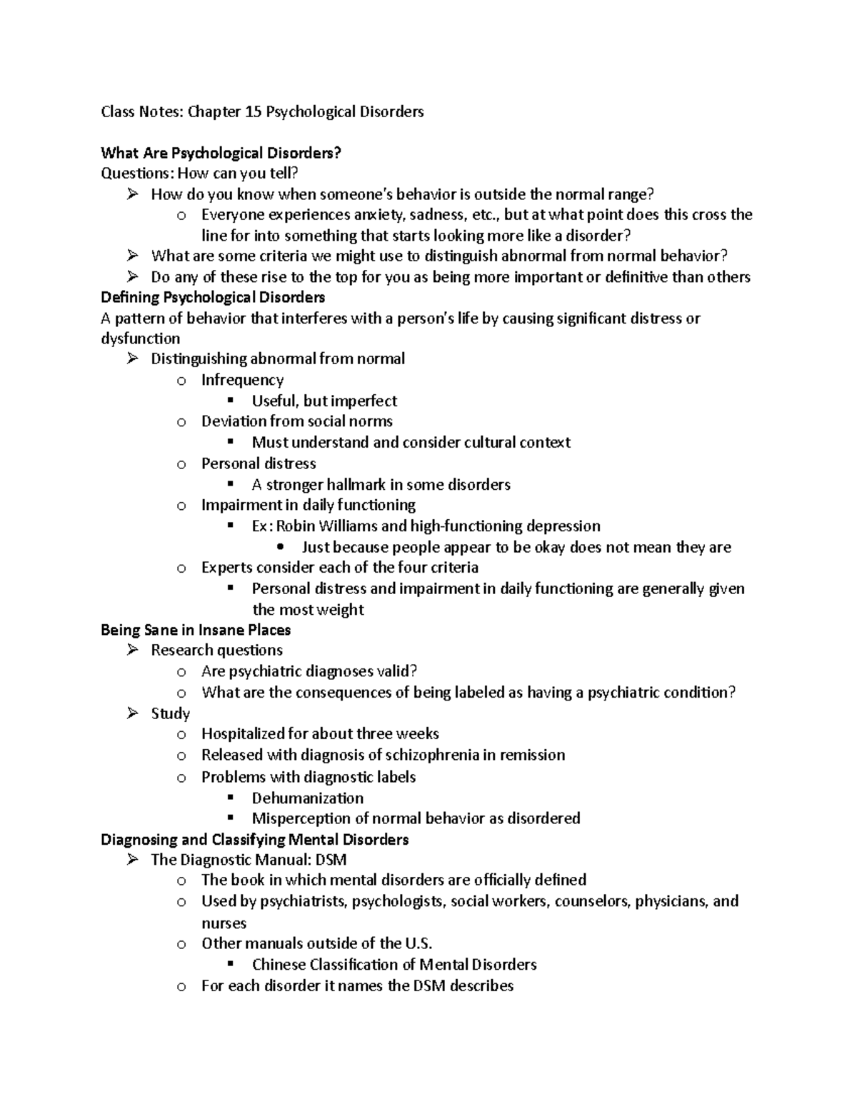 Class Notes: Ch. 15 Psychological Disorders Overview - Studocu
