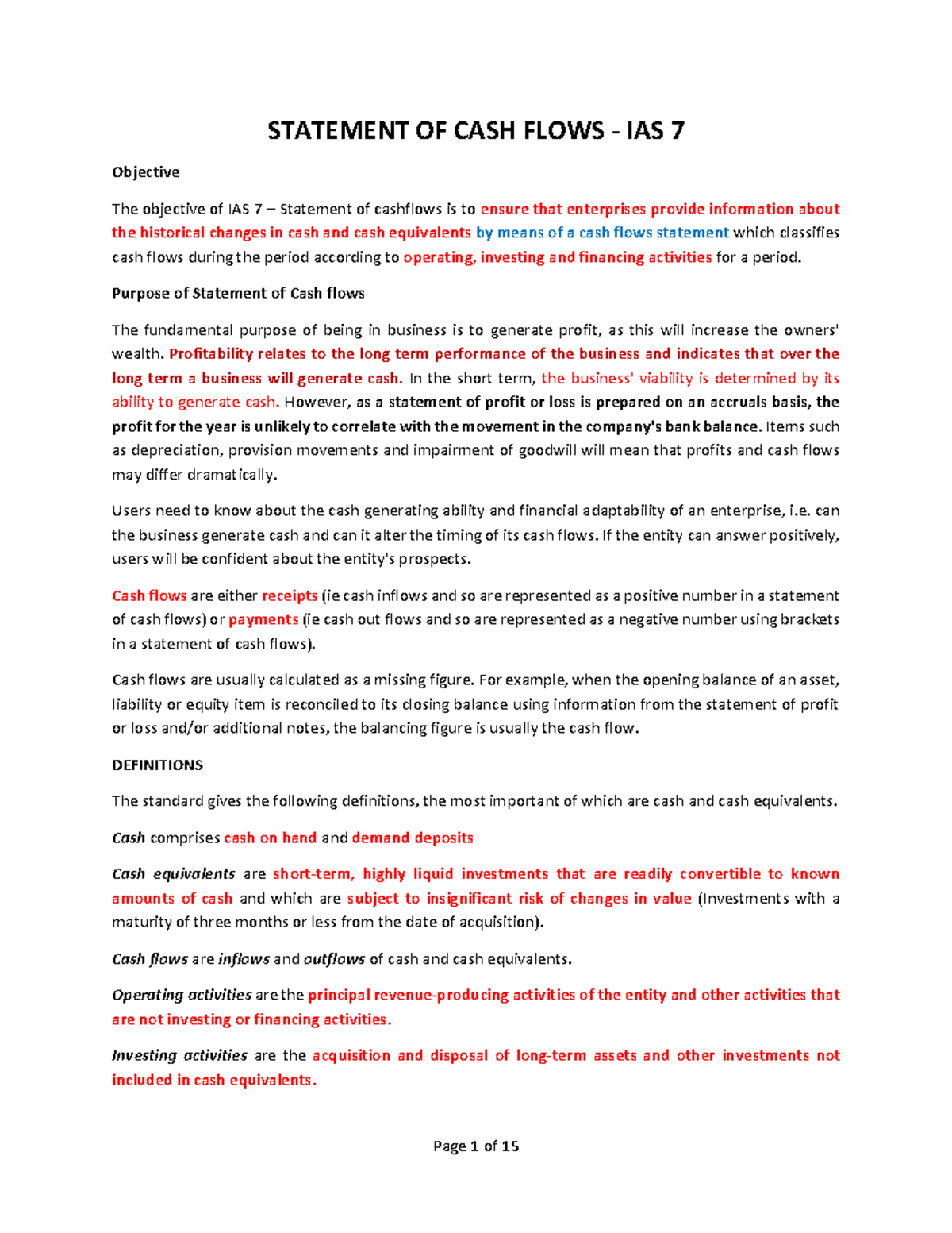 IAS 7 - Statement of Cash Flows Overview & Analysis (240307) - Studocu
