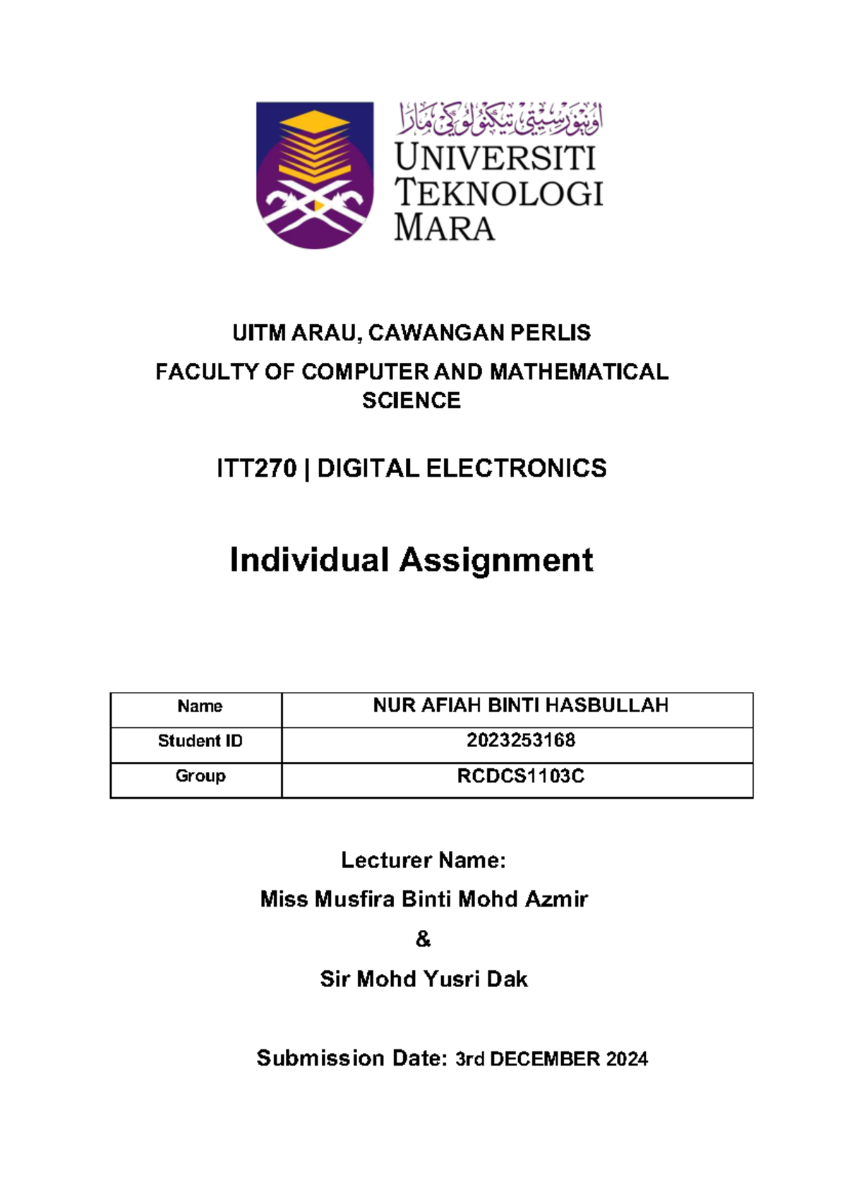 3C ITT270 Digital Electronics Individual Assignment Report by Nur Afiah ...