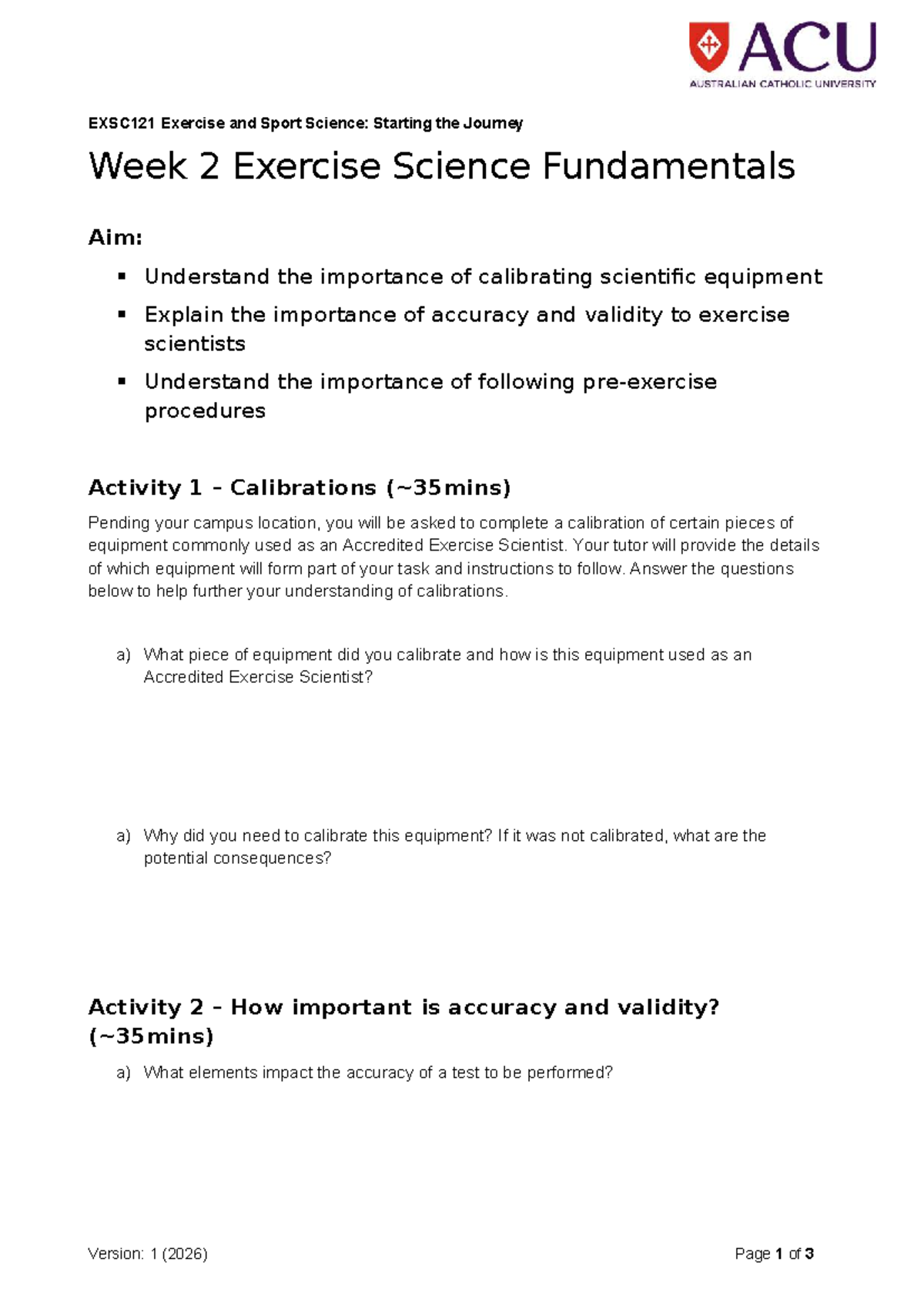 EXSC121 Sem1 Wk2 Tutorial: Exercise Science Calibration & Accuracy ...