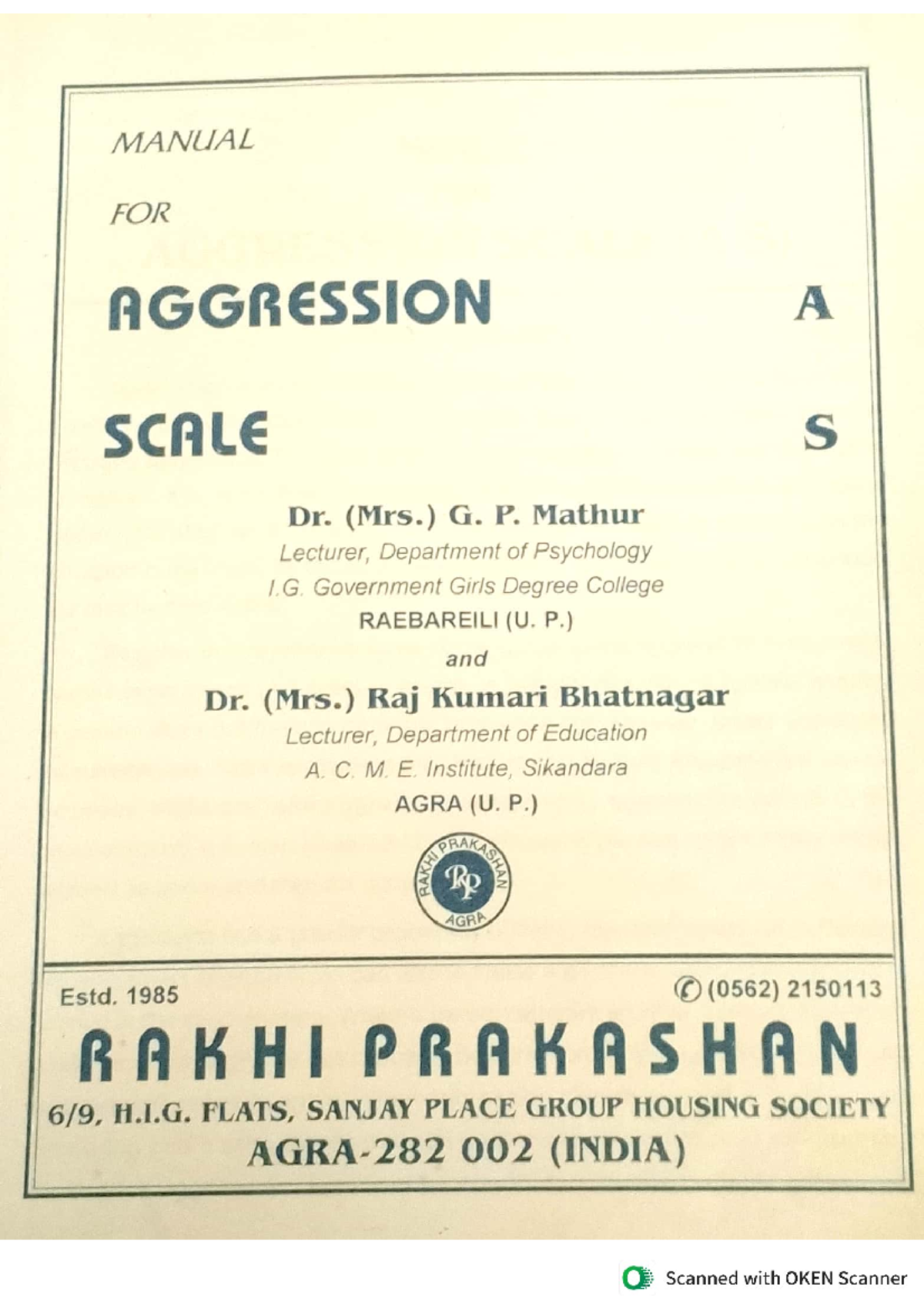 Manual for Aggression Scale (AS) - Instructions and Scoring Guide - Studocu