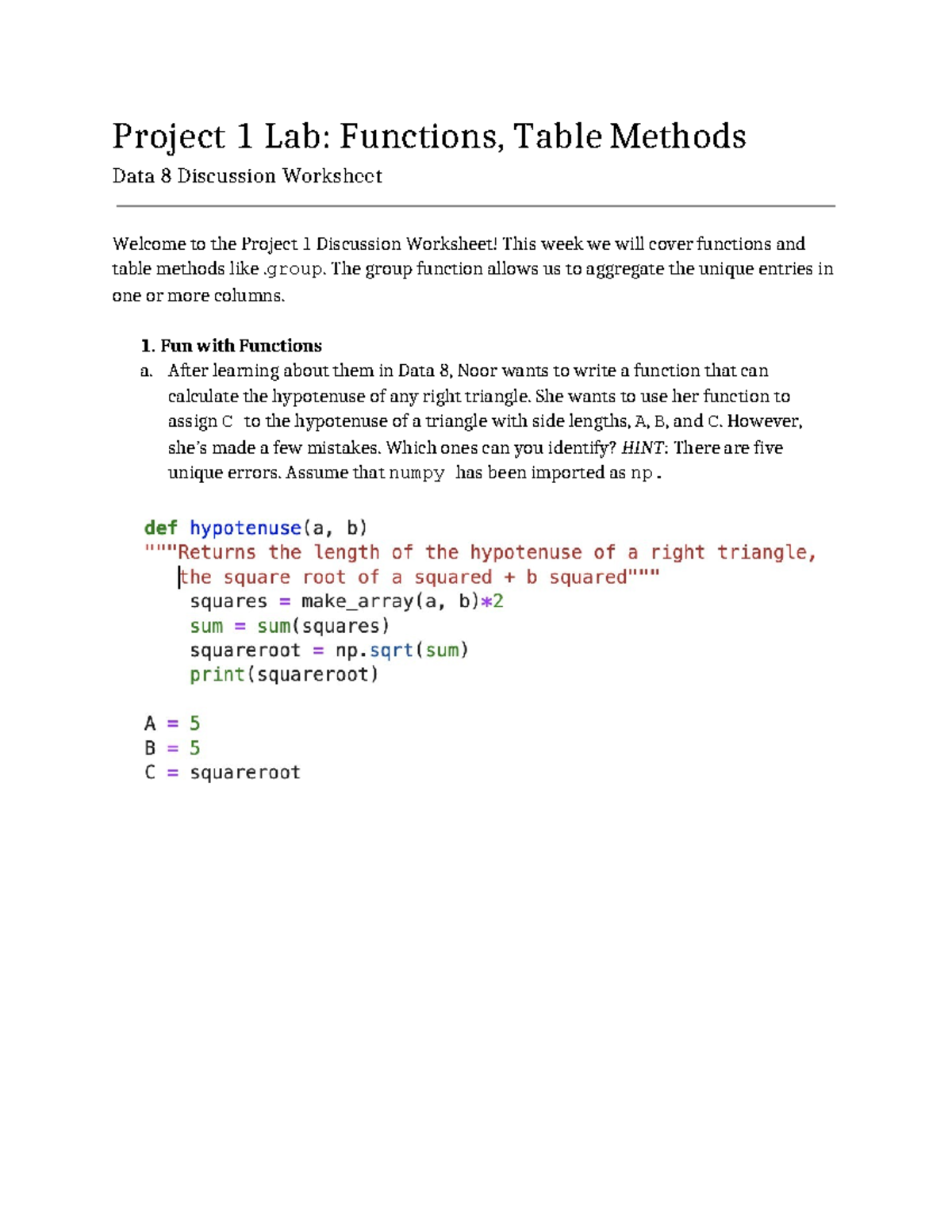 Data 8 Project 1 Lab: Functions and Table Methods Worksheet - Studocu