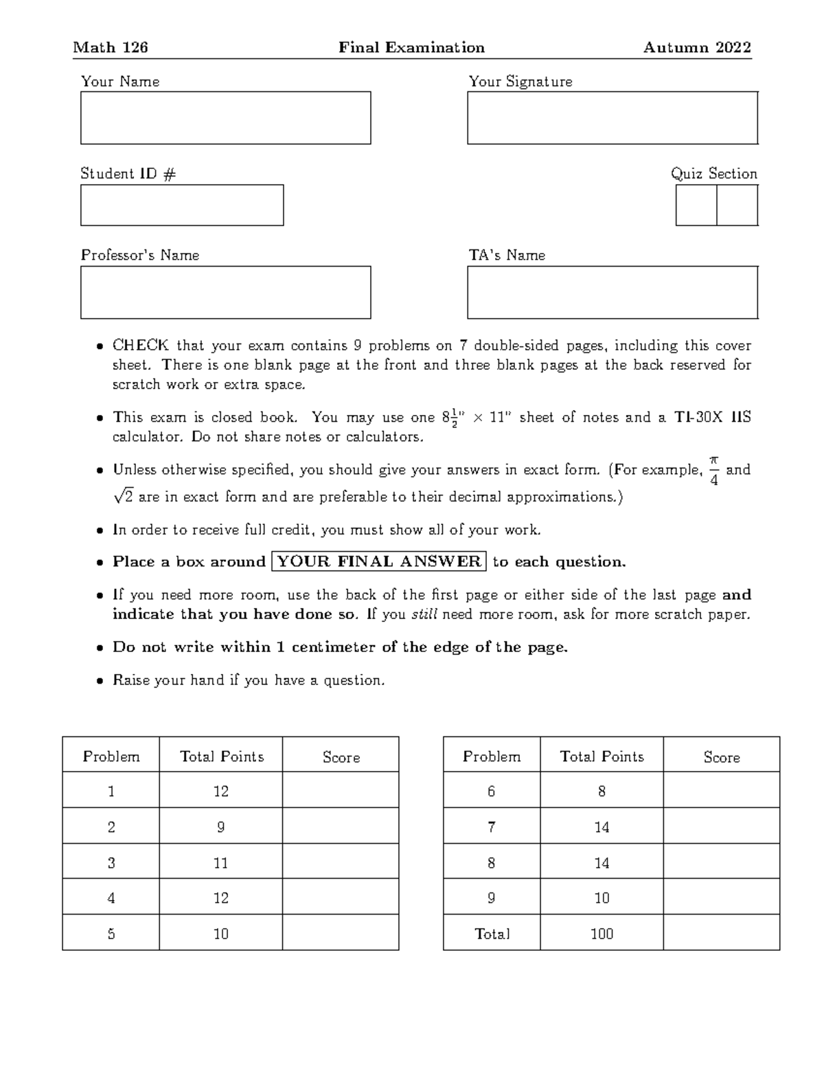 Math 126 Final Exam - Autumn 2022 - Complete Guide - Studocu