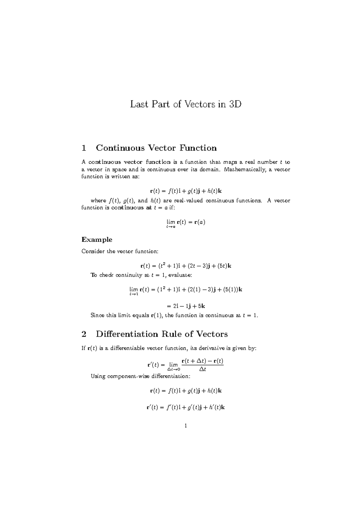 Vectors in 3D: Continuous Functions and Differentiation Rules - Studocu