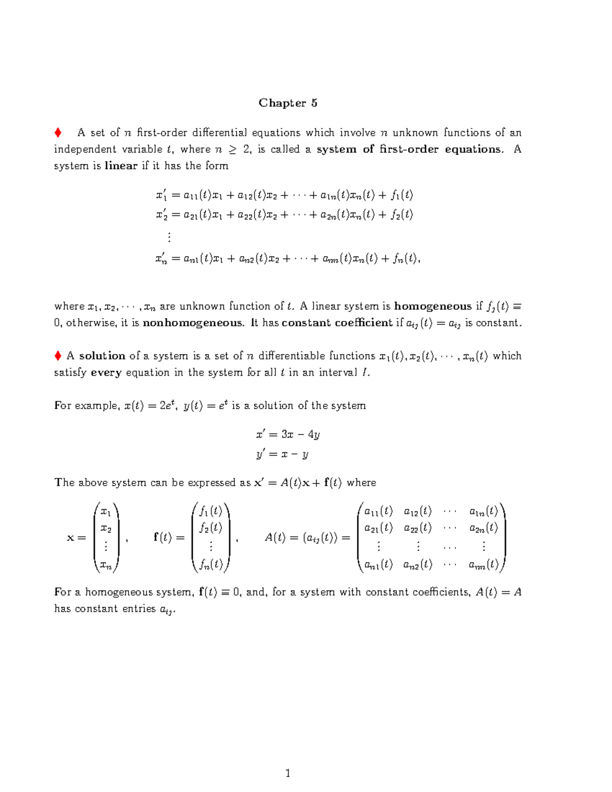 MATH 1005 Lecture Notes - Chapter 5: Systems of Differential Equations ...