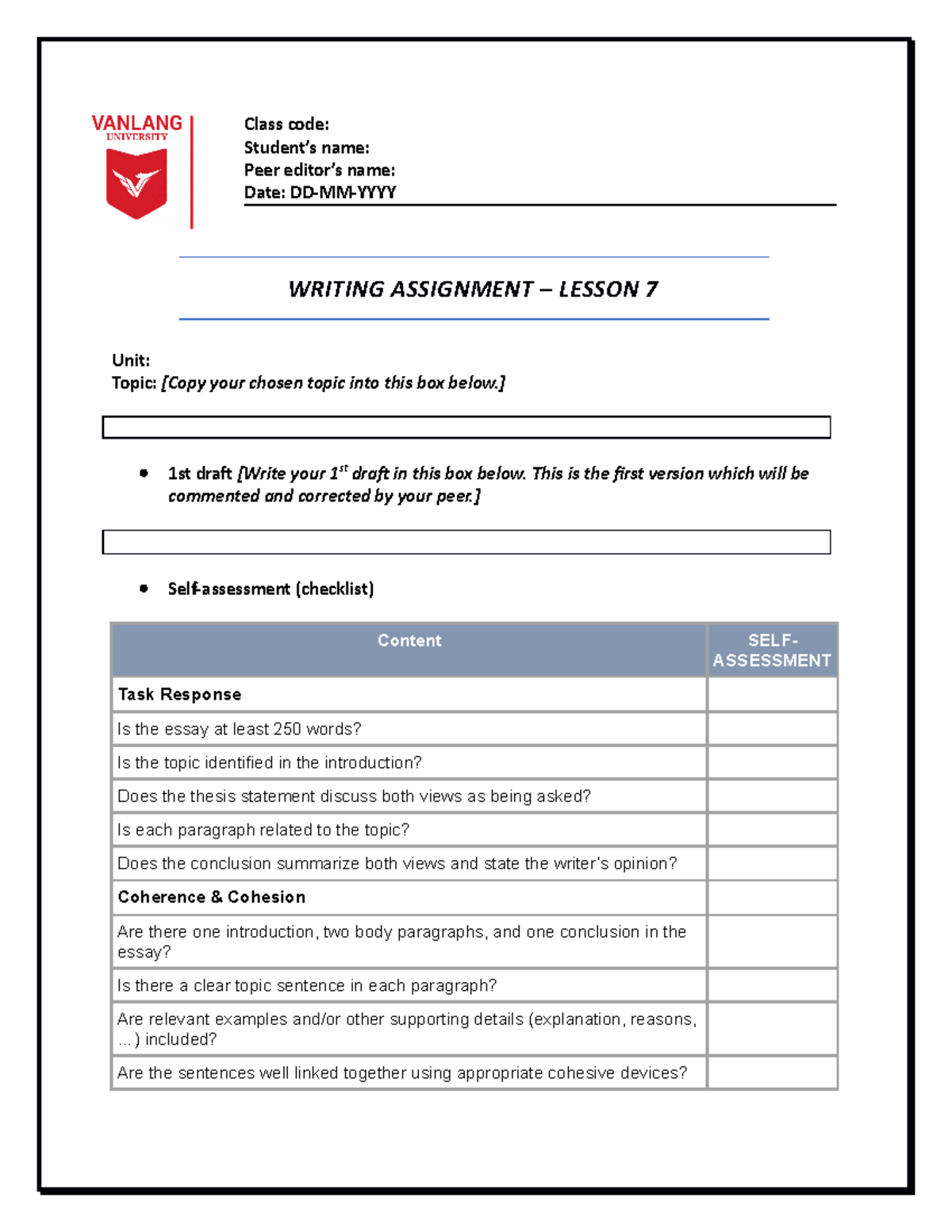 Writing Assignment Template - Lesson 7 - Studocu