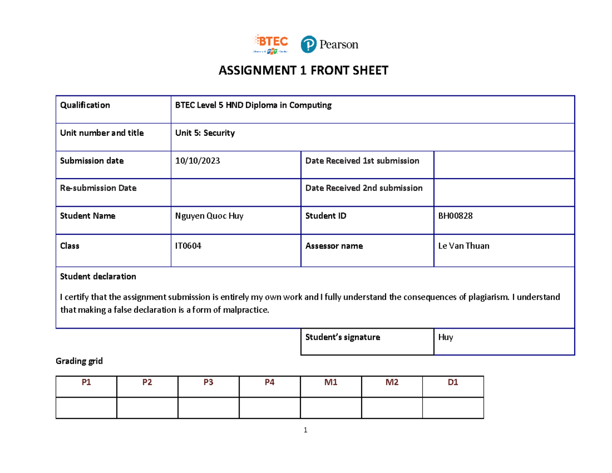 Nguyen Quoc Huy BH00828 Security ASM1 1st - ASSIGNMENT 1 FRONT SHEET ...
