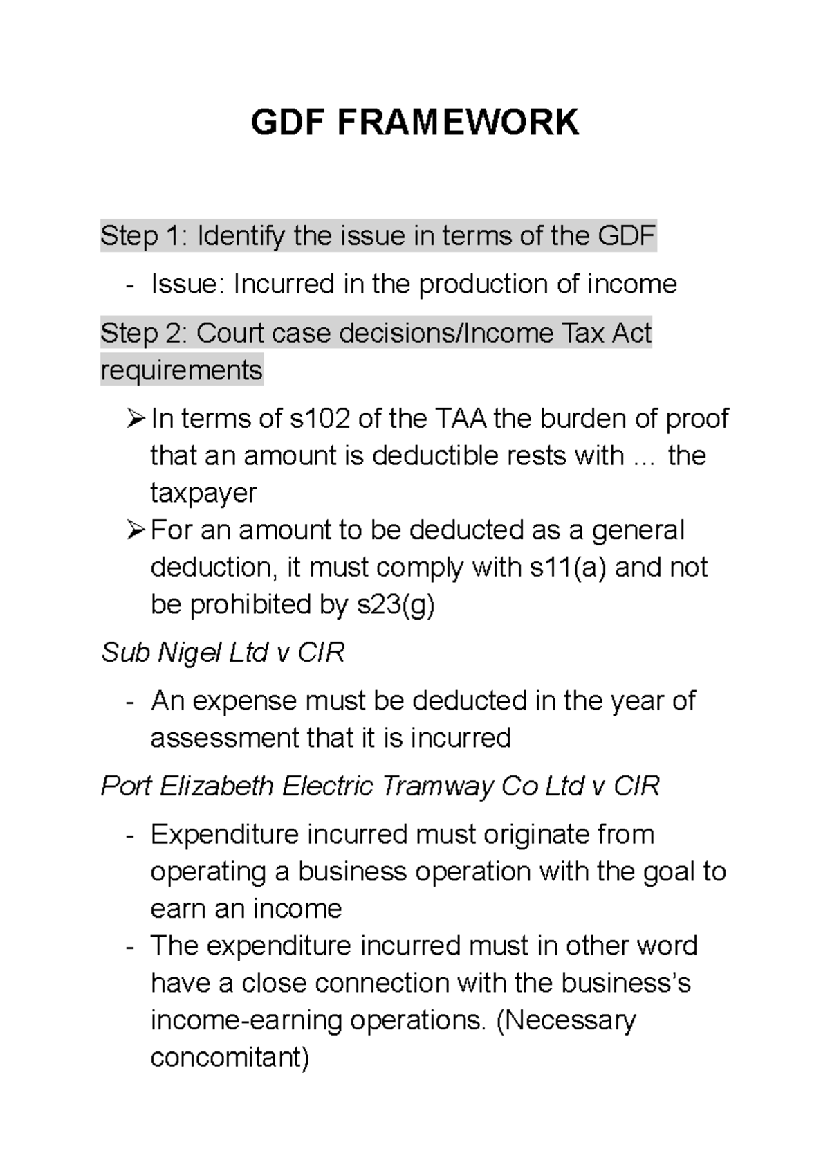 GDF Framework: Tax Deduction Analysis and Case Law Insights - Studocu