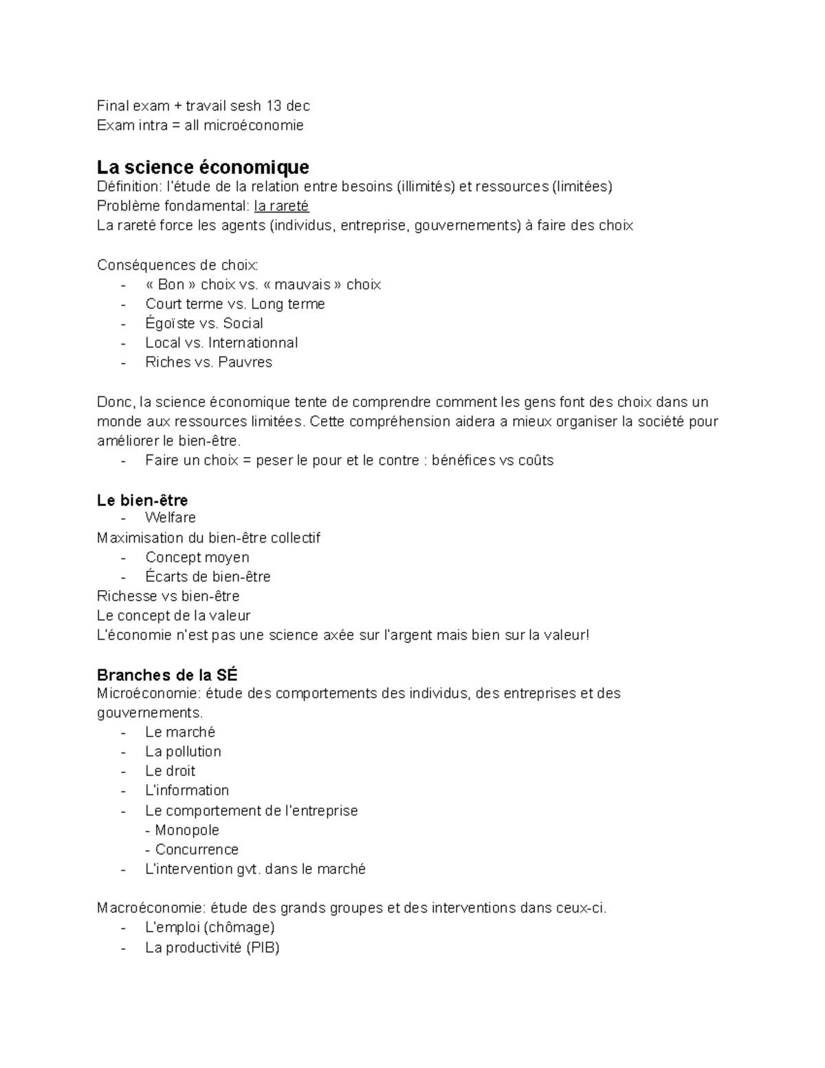 Notes ECO2045 - Final exam + travail sesh 13 dec Exam intra = all ...