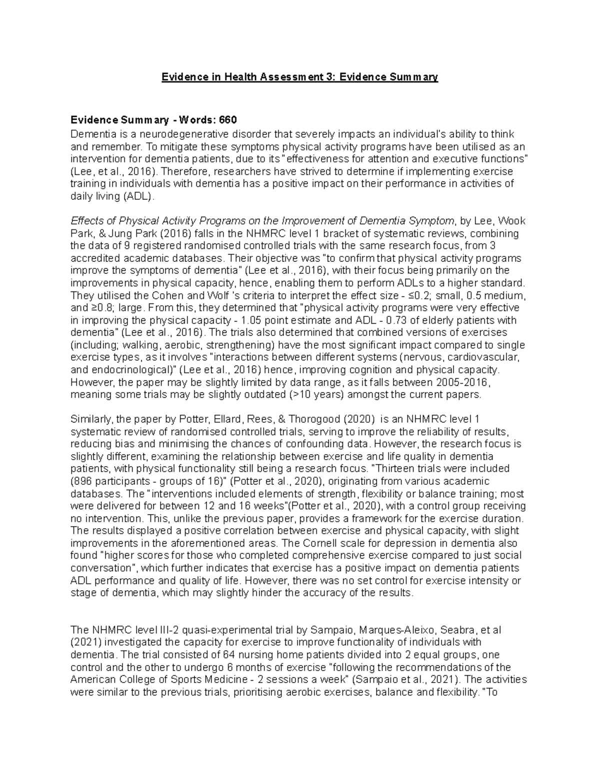 Evidence Summary for Health Assessment 3: Impact of Exercise on ...