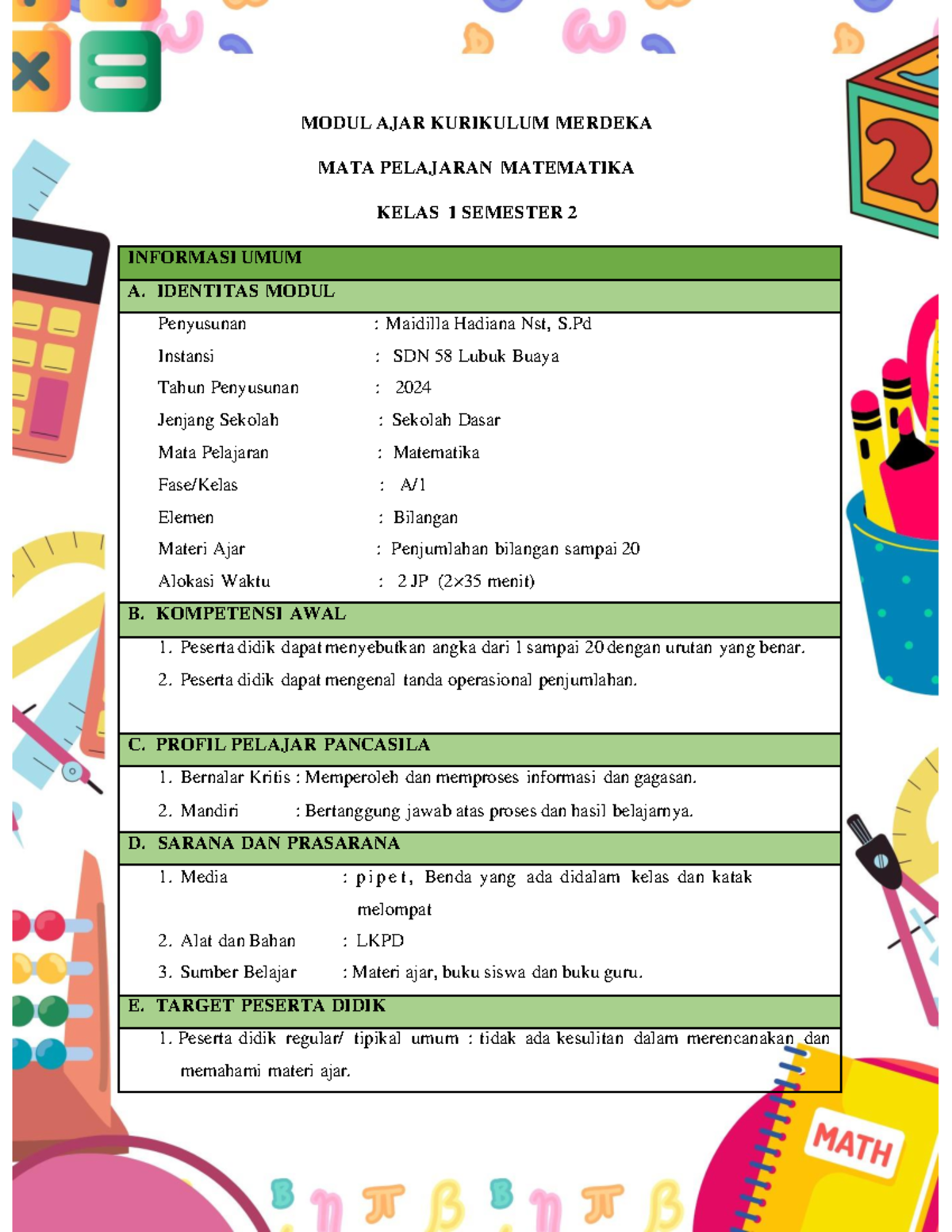 MODUL AJAR KURIKULUM MERDEKA MATEMATIKA KELAS 1 SEMESTER 2 - Studocu