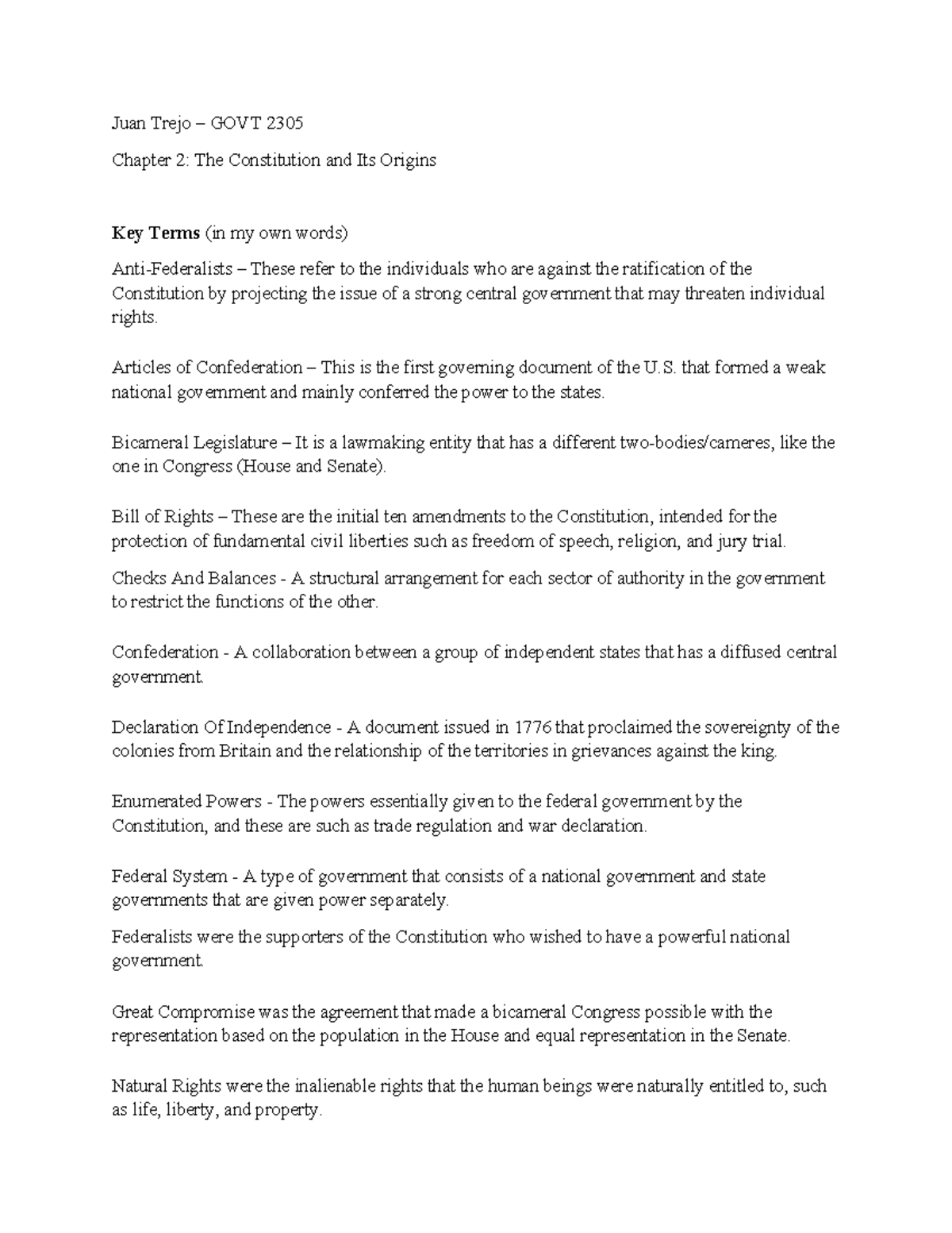 GOVT 2305 Chapter 2: Key Terms on The Constitution and Its Origins ...