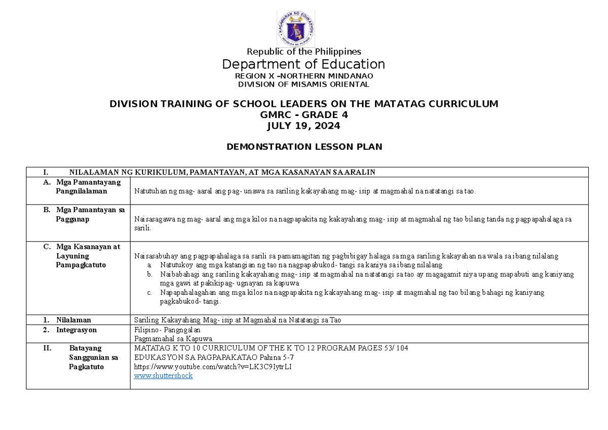 GMRC - GRADE 4 DEMONSTRATION LESSON PLAN ON SELF-VALUATION - Studocu