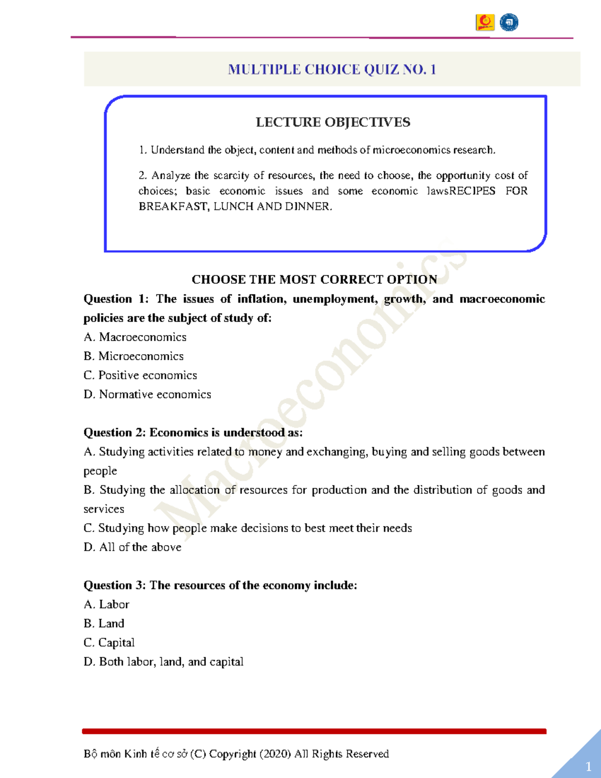 LECTURE OBJECTIVES & MCQs: Microeconomics (C) Study Guide - Studocu
