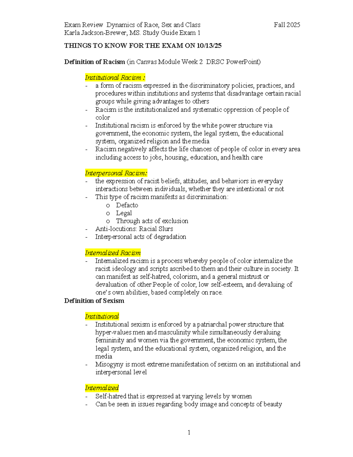 Dynamics of Race, Sex, and Class: Exam 1 Study Guide (Fall 2025) - Studocu