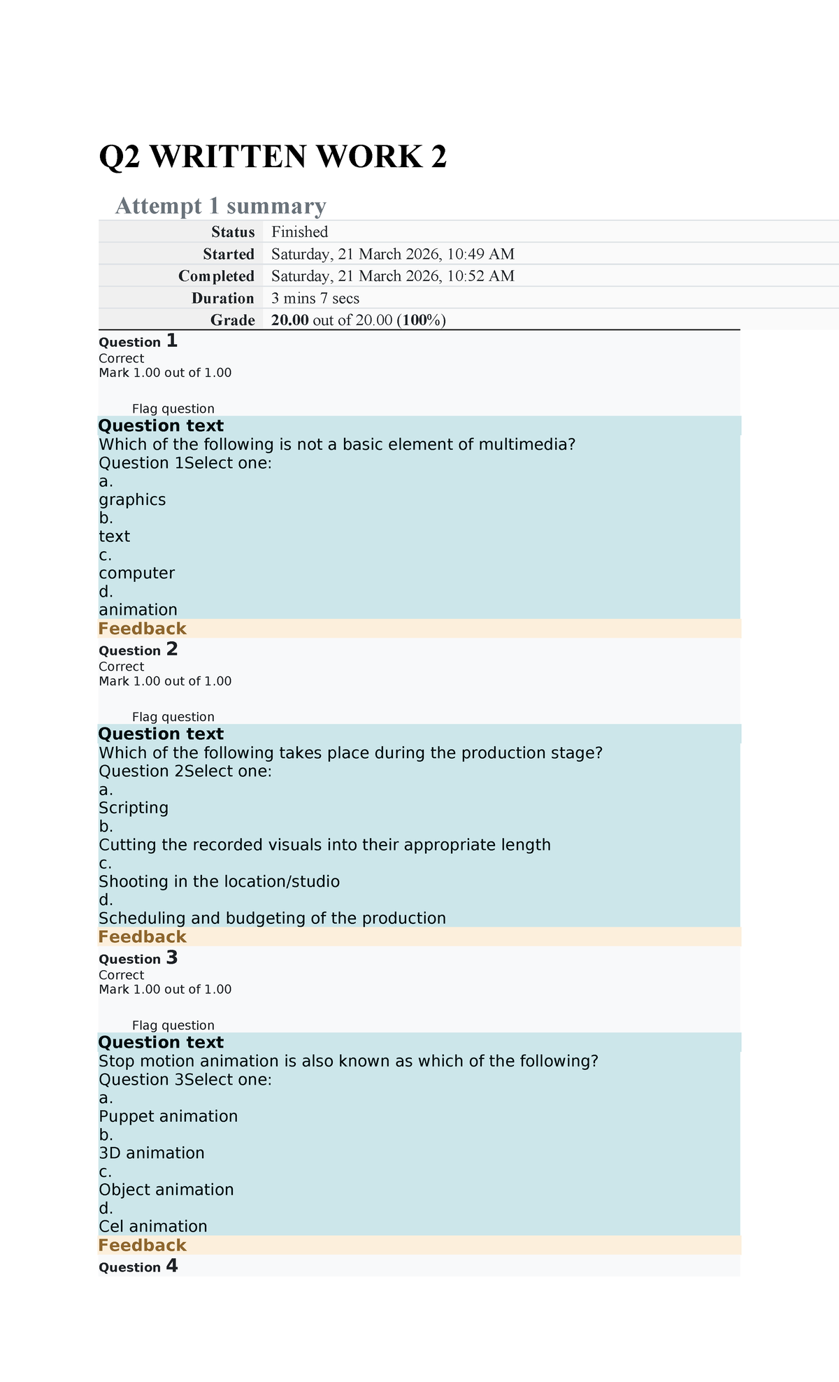 Q2 WRITTEN WORK 2 Attempt 1: Multimedia Quiz Summary - Studocu