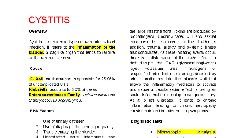 CYSTITIS Overview: Causes, Symptoms, and Diagnostic Tests - Studocu