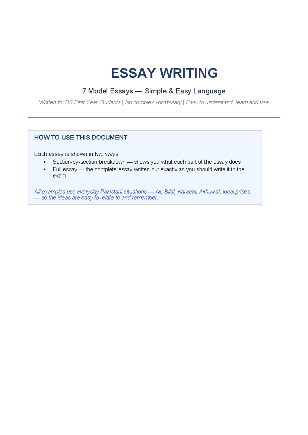 Simple Essays for BS First Year Students: Easy Language & Models - Studocu