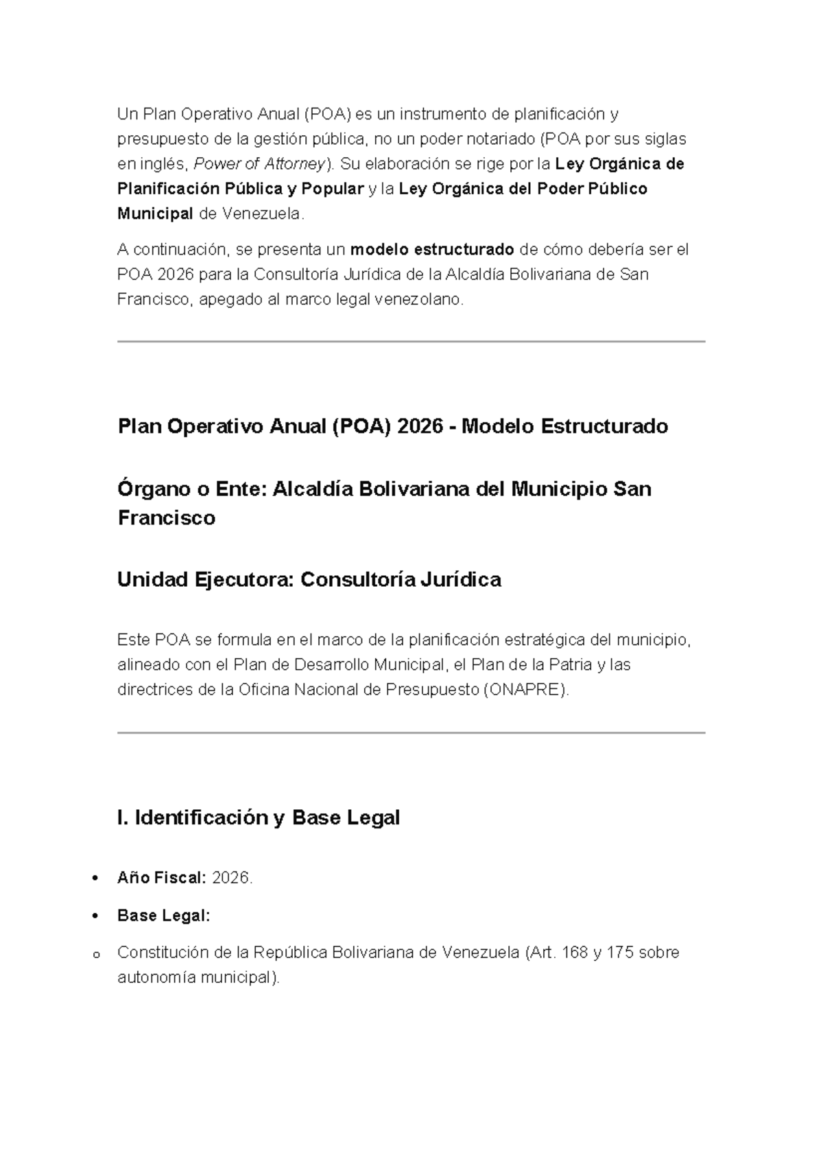 Modelo de Plan Operativo Anual (POA) 2026 para Consultoría Jurídica ...